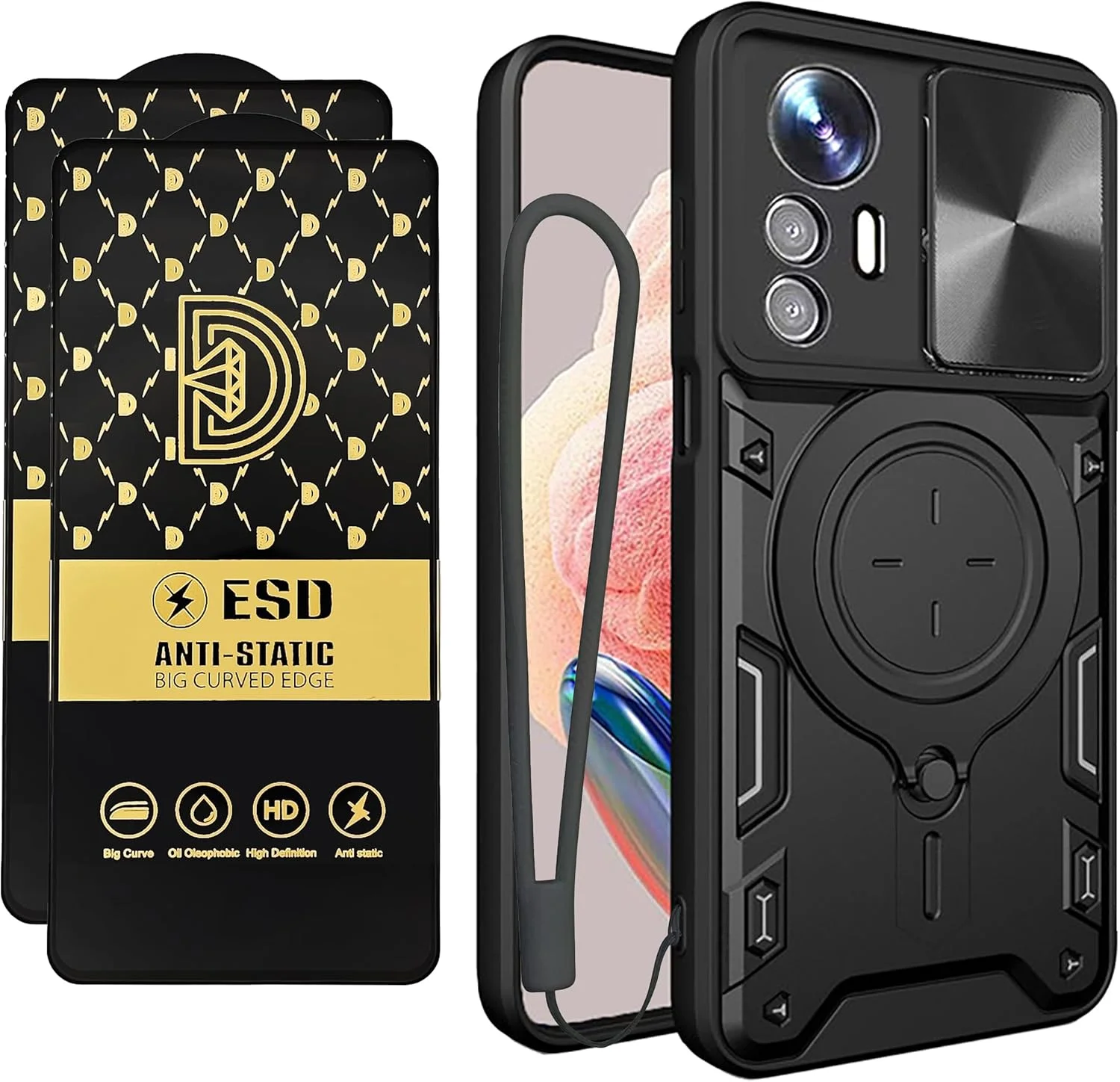 قاب گوشی شیائومی ردمی نوت 12S، محافظ صفحه نمایش نوت 12S [دو عدد]، محافظت در برابر سقوط نظامی، پایه فلزی، حلقه مغناطیسی، کاور نوت 12S (مشکی، نوت 12S + شیشه)