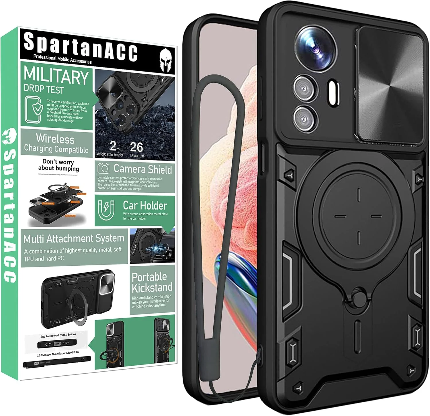 قاب گوشی شیائومی ردمی نوت 12S، محافظ صفحه نمایش نوت 12S [دو عدد]، محافظت در برابر سقوط نظامی، پایه فلزی، حلقه مغناطیسی، کاور نوت 12S (مشکی، نوت 12S + شیشه)