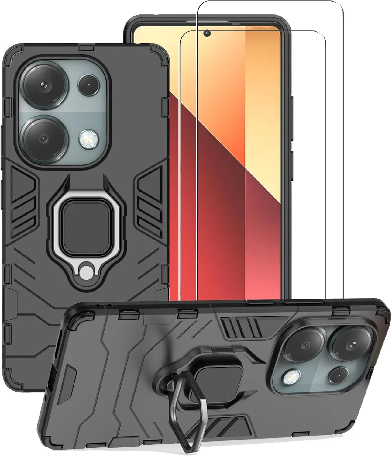 کاور محافظ گوشی شیائومی ردمی نوت 13 پرو 4G به همراه محافظ صفحه نمایش شیشه ای [دو عدد]، کاور محافظتی دو لایه و مقاوم در برابر ضربه با پایه حلقه ای مغناطیسی - مشکی