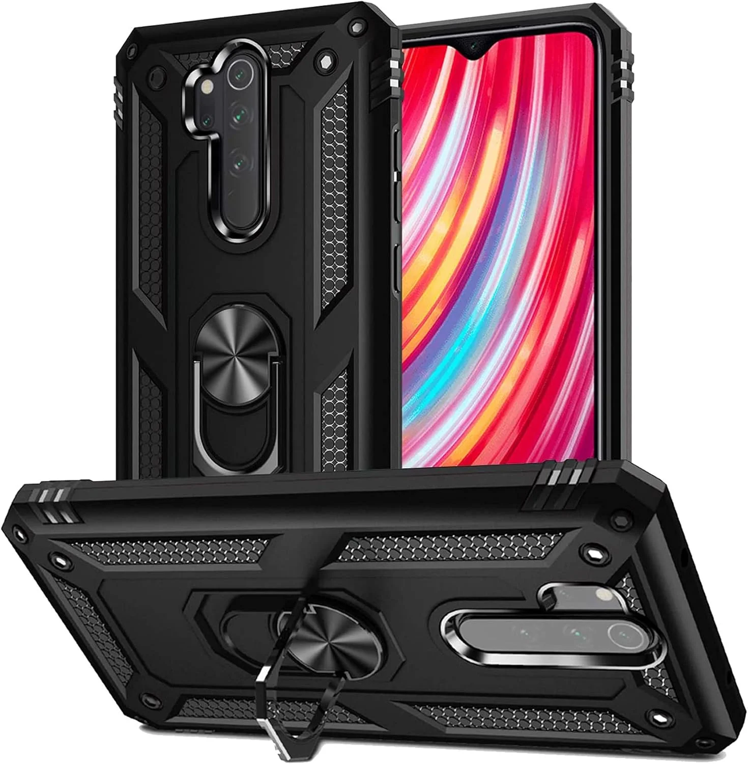 قاب محافظ گوشی شیائومی ردمی نوت 8 پرو به همراه محافظ صفحه نمایش شیشه ای حرارت دیده، دارای حلقه نگهدارنده، سیلیکونی مقاوم در برابر ضربه، پوشش سخت و بادوام، مشکی