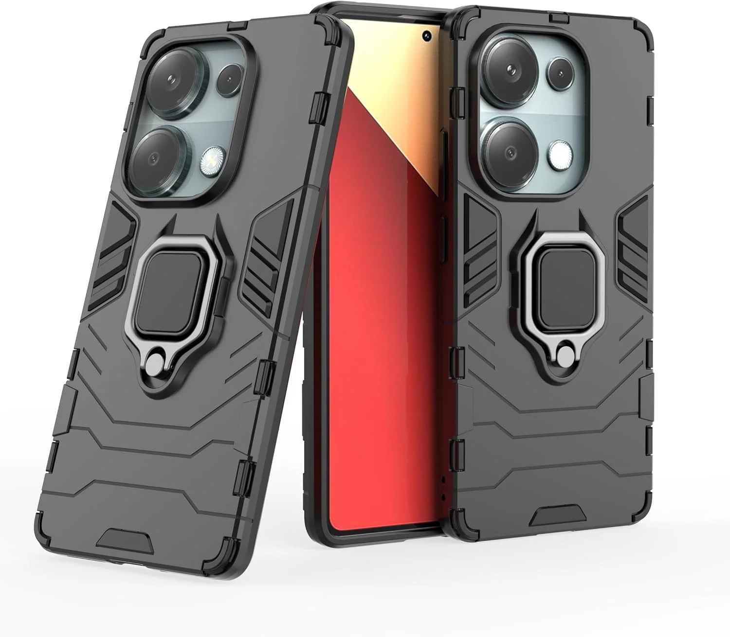 کاور محافظ گوشی شیائومی ردمی نوت 13 پرو 4G به همراه محافظ صفحه نمایش شیشه ای [دو عدد]، کاور محافظتی دو لایه و مقاوم در برابر ضربه با پایه حلقه ای مغناطیسی - مشکی