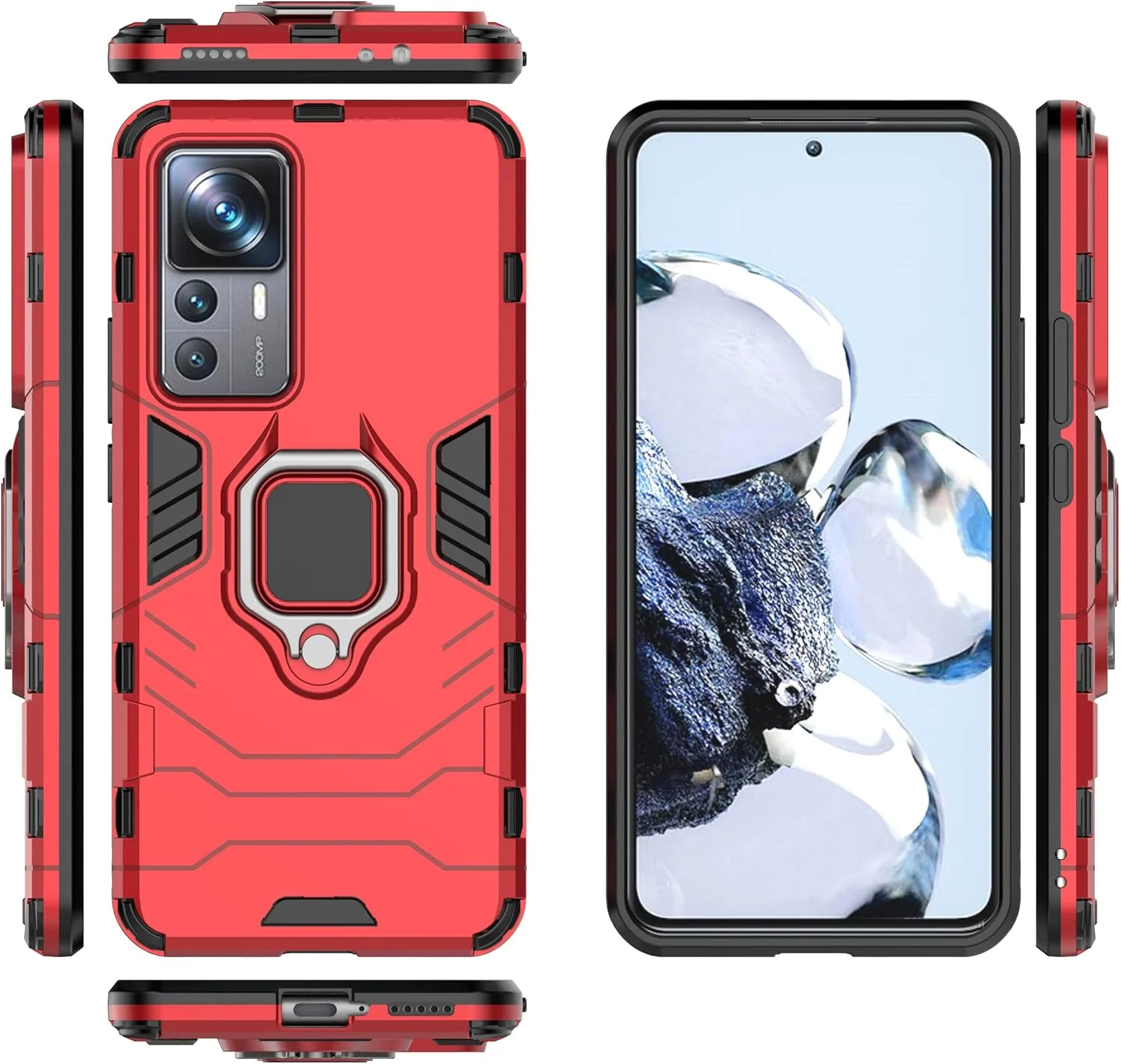 کاور محافظ هیبریدی مقاوم در برابر ضربه با پایه تاشو برای گوشی شیائومی 12T PRO، رنگ قرمز