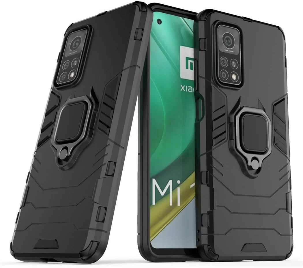 قاب محافظ گوشی شیائومی می 10 تی و شیائومی می 10 تی پرو، با حلقه فلزی و استند، مقاوم در برابر ضربه (سازگار با هولدر مغناطیسی خودرو)، دو لایه، پوشش محکم (مشکی)