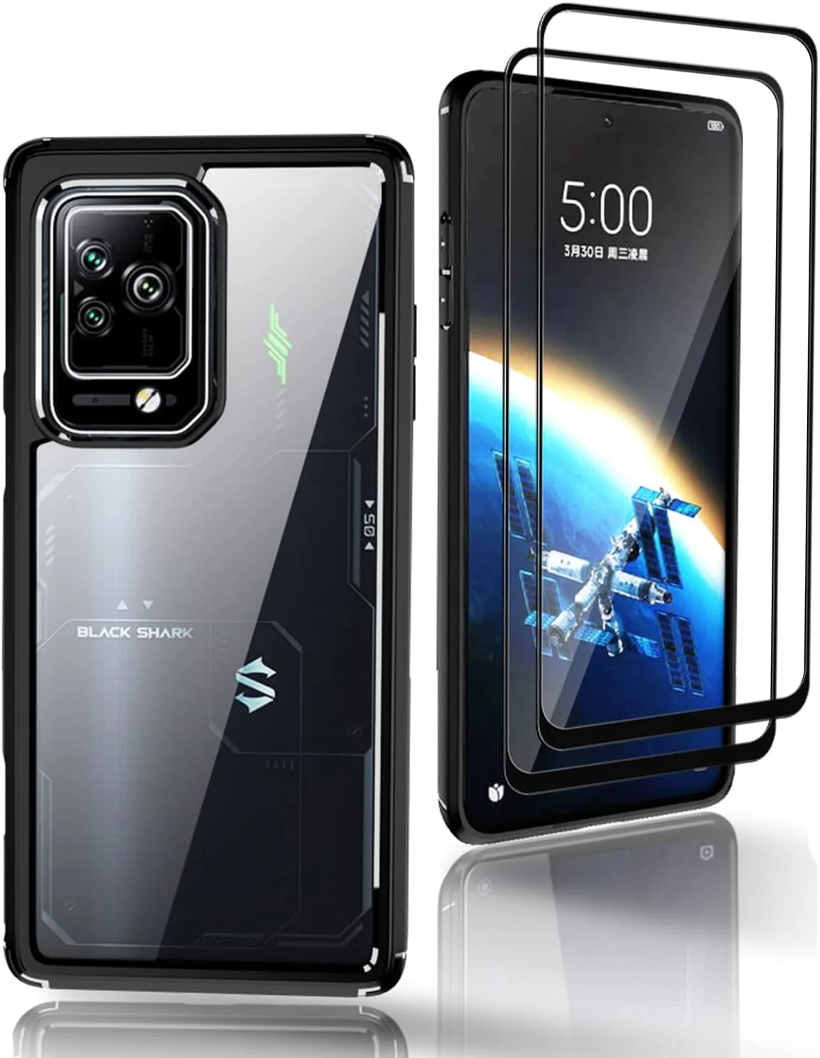 قاب محافظ گوشی شیائومی بلک شارک 5/5 پرو، کاور دولایه ضد ضربه، قاب گوشی شفاف 2 در 1 از جنس TPU + PC به همراه 2 عدد محافظ صفحه نمایش شیشه ای حرارت دیده [ضد سقوط] - مشکی