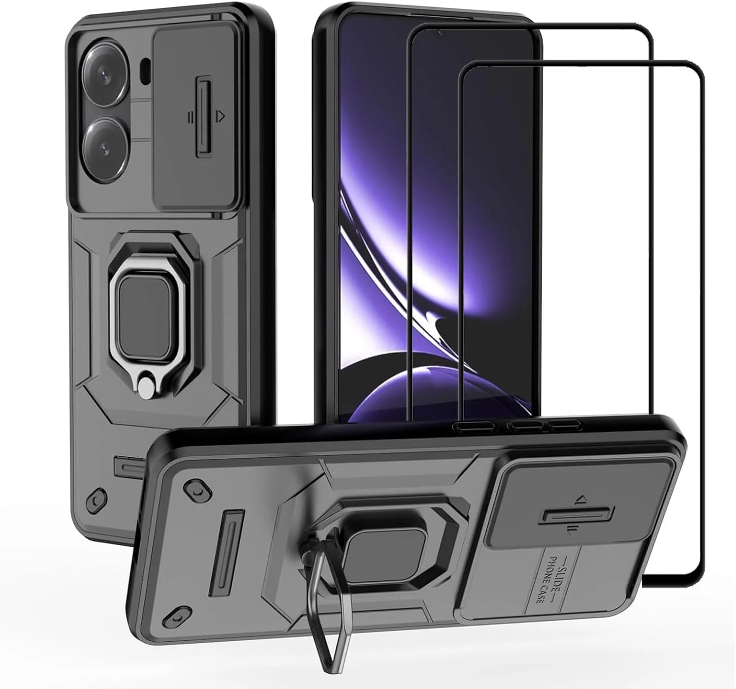قاب محافظ گوشی ردمی توربو 4 5G / شیائومی پوکو X7 پرو 5G با پوشش کشویی دوربین، استند انگشتی و محافظ صفحه نمایش [2 عدد]، محافظ ضد ضربه درجه نظامی، مشکی