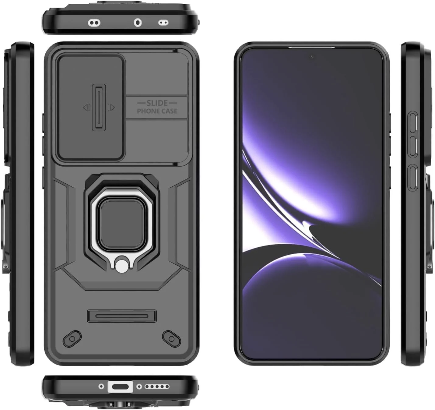 قاب محافظ گوشی ردمی توربو 4 5G / شیائومی پوکو X7 پرو 5G با پوشش کشویی دوربین، استند انگشتی و محافظ صفحه نمایش [2 عدد]، محافظ ضد ضربه درجه نظامی، مشکی