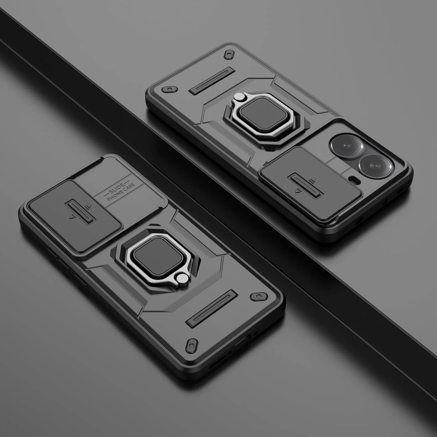 قاب محافظ گوشی ردمی توربو 4 5G / شیائومی پوکو X7 پرو 5G با پوشش کشویی دوربین، استند انگشتی و محافظ صفحه نمایش [2 عدد]، محافظ ضد ضربه درجه نظامی، مشکی
