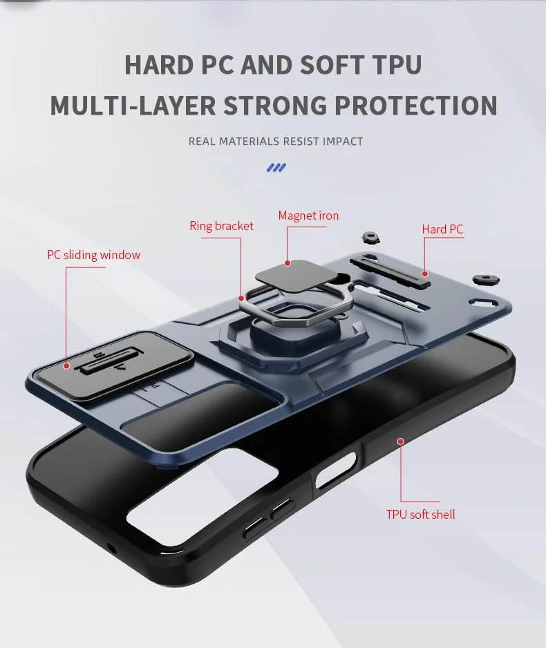 قاب محافظ گوشی ردمی توربو 4 5G / شیائومی پوکو X7 پرو 5G با پوشش کشویی دوربین، استند انگشتی و محافظ صفحه نمایش [2 عدد]، محافظ ضد ضربه درجه نظامی، مشکی