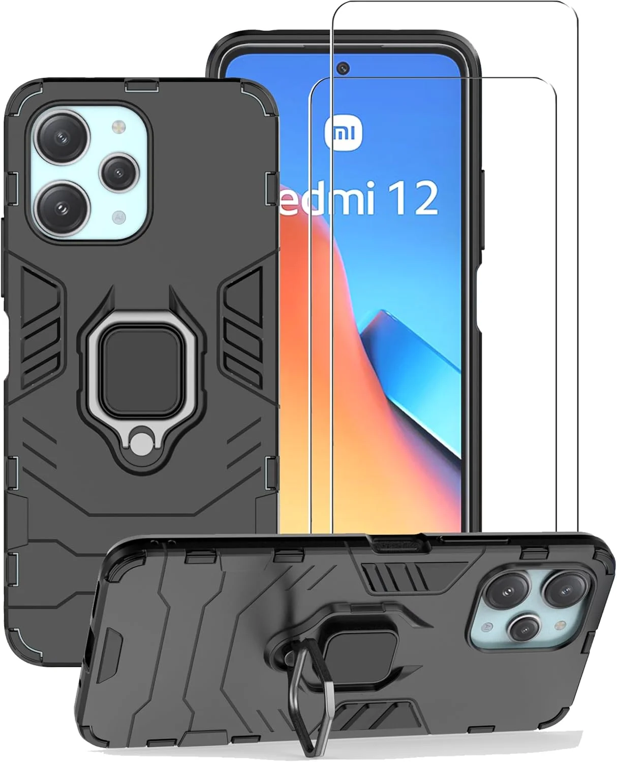 کاور محافظ گوشی ZMONE برای شیائومی ردمی 12 5G / ردمی 12 4G به همراه محافظ صفحه نمایش شیشه ای [2 عدد]، کاور محافظ دو لایه مقاوم در برابر ضربه با پایه حلقه مغناطیسی - مشکی