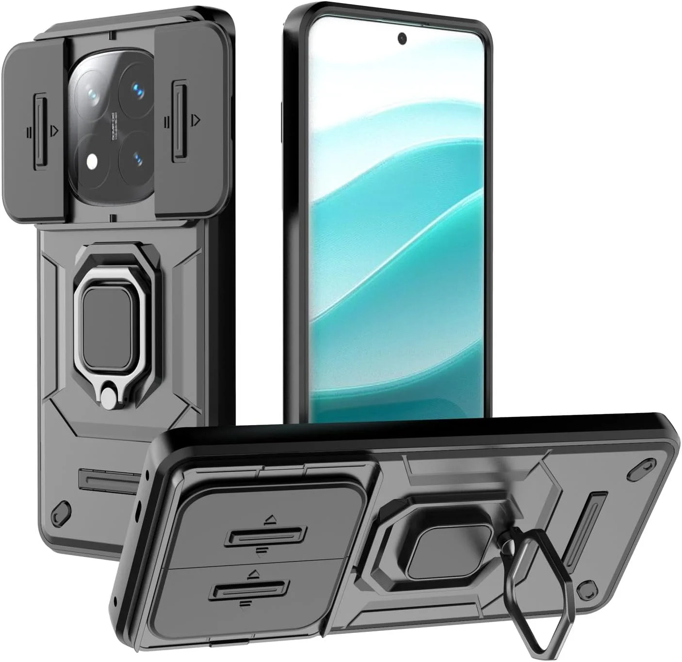 قاب محافظ گوشی شیائومی ردمی نوت 14 پرو پلاس 5G با صفحه نمایش 6.67 اینچ، دارای پوشش کشویی دوربین، پایه فلزی 360 درجه، سازگار با هولدر مغناطیسی خودرو، کاور محافظ دو لایه ضد ضربه - مشکی