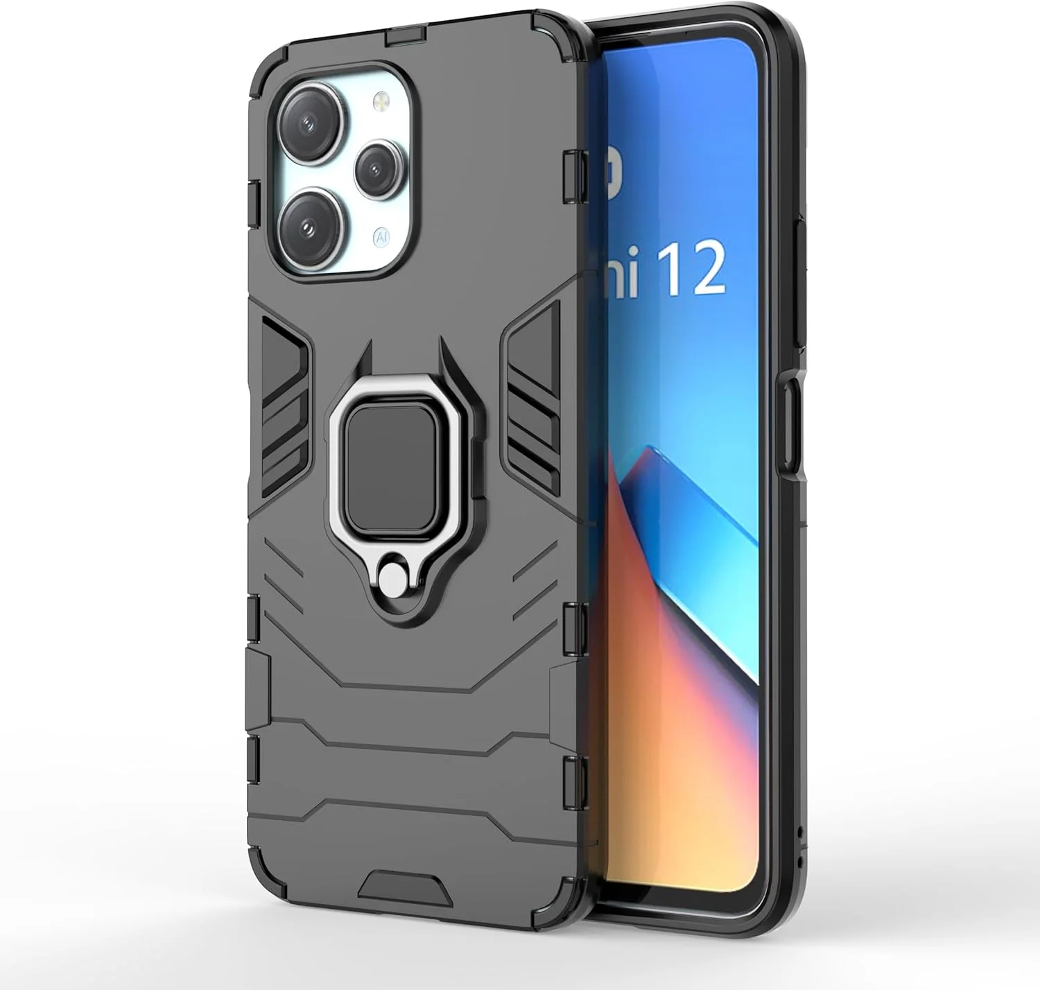 کاور محافظ گوشی ZMONE برای شیائومی ردمی 12 5G / ردمی 12 4G به همراه محافظ صفحه نمایش شیشه ای [2 عدد]، کاور محافظ دو لایه مقاوم در برابر ضربه با پایه حلقه مغناطیسی - مشکی