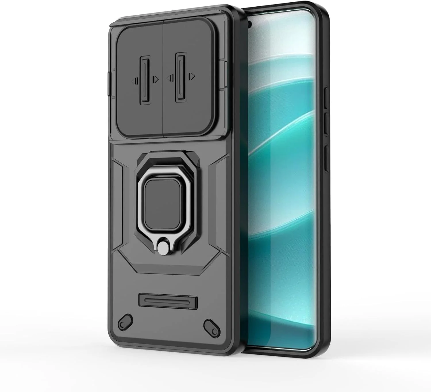 قاب محافظ گوشی شیائومی ردمی نوت 14 پرو پلاس 5G با صفحه نمایش 6.67 اینچ، دارای پوشش کشویی دوربین، پایه فلزی 360 درجه، سازگار با هولدر مغناطیسی خودرو، کاور محافظ دو لایه ضد ضربه - مشکی