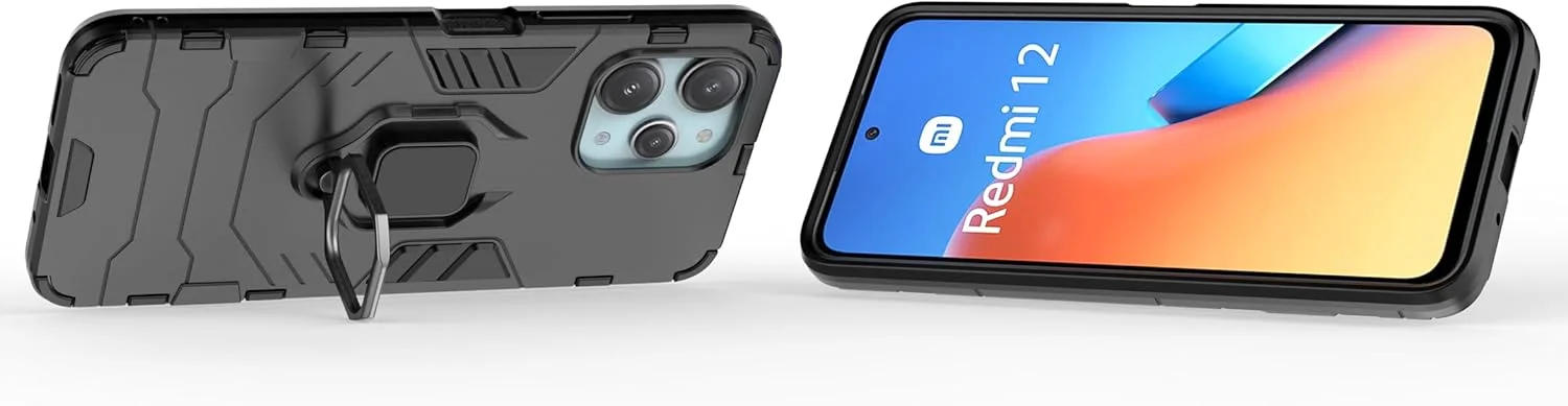 کاور محافظ گوشی ZMONE برای شیائومی ردمی 12 5G / ردمی 12 4G به همراه محافظ صفحه نمایش شیشه ای [2 عدد]، کاور محافظ دو لایه مقاوم در برابر ضربه با پایه حلقه مغناطیسی - مشکی