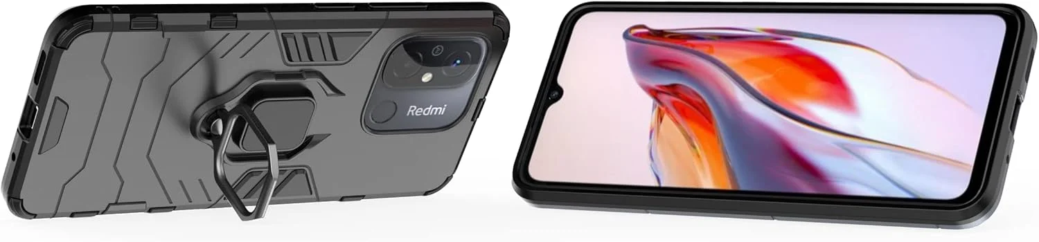 کاور محافظ گوشی شیائومی ردمی 12C به همراه محافظ صفحه نمایش شیشه ای [2 عدد]، کاور محافظ دو لایه مقاوم در برابر ضربه با رینگ مغناطیسی - مشکی
