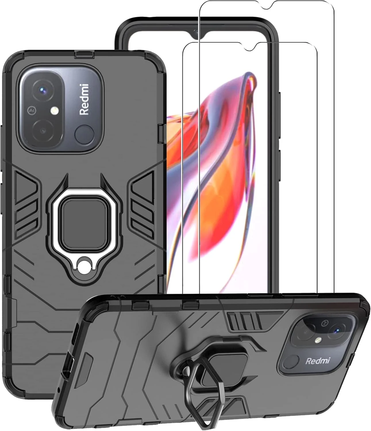 کاور محافظ گوشی شیائومی ردمی 12C مدل ZMONE به همراه محافظ صفحه نمایش شیشه ای [2 عدد]، کاور محافظ دو لایه و مقاوم در برابر ضربه با پایه حلقه ای مغناطیسی - مشکی