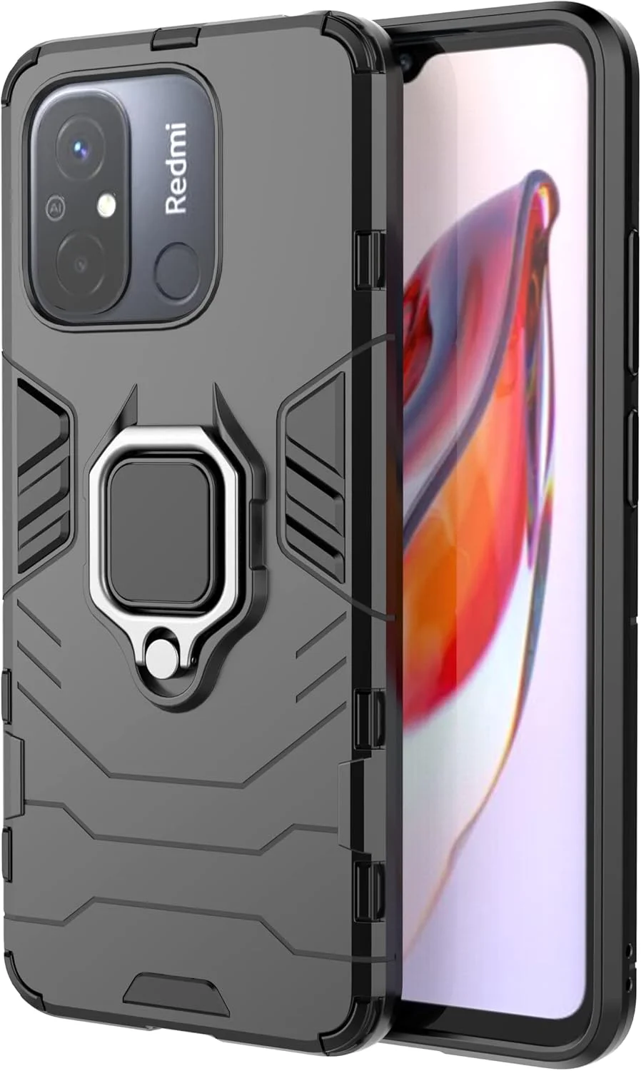کاور محافظ گوشی شیائومی ردمی 12C مدل ZMONE به همراه محافظ صفحه نمایش شیشه ای [2 عدد]، کاور محافظ دو لایه و مقاوم در برابر ضربه با پایه حلقه ای مغناطیسی - مشکی