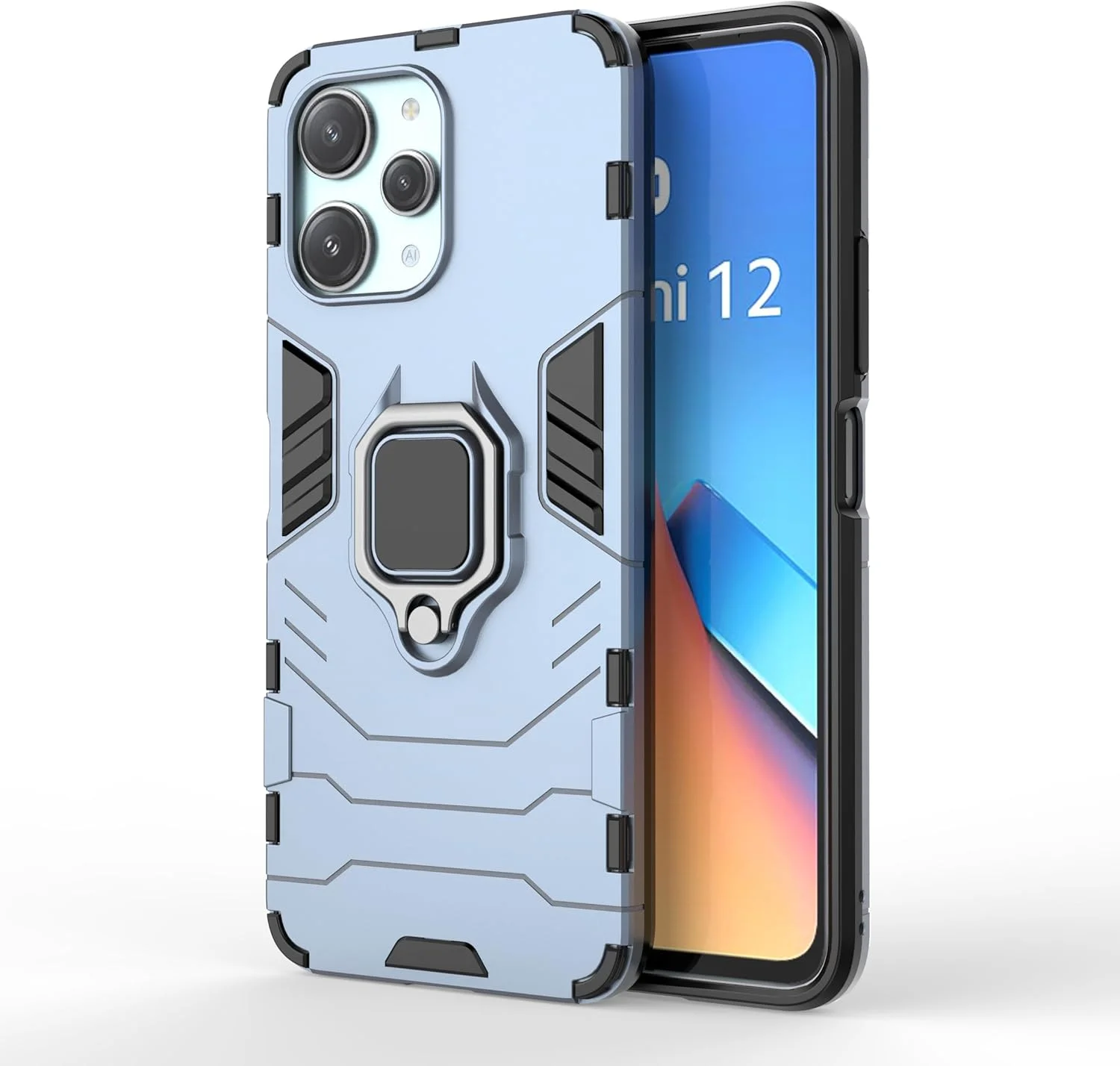 کاور محافظ گوشی شیائومی ردمی 12 4G به همراه محافظ صفحه نمایش (2 عدد)، کاور محافظ دو لایه ضد خش و ضد ضربه با حلقه مغناطیسی (آبی)