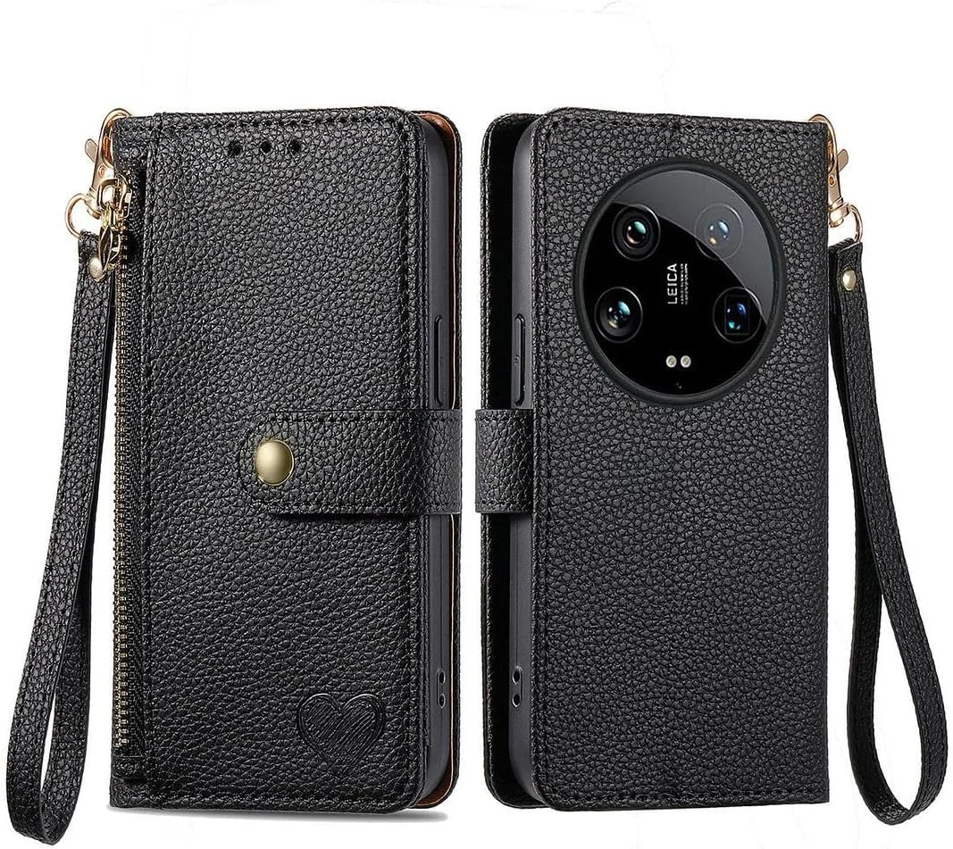 کیف محافظ چرمی طرح قلب SATURCASE برای گوشی شیائومی 14 Ultra، کیف پول تاشو با قفل آهنربایی دوبل، جیب زیپ‌دار، استند و جای کارت به همراه بند گردنی، مناسب برای شیائومی 14 Ultra (مشکی AX)