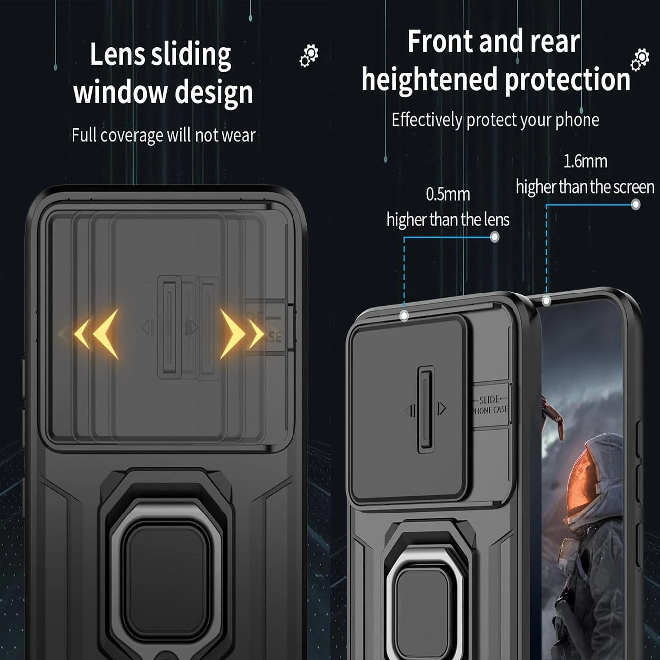 قاب محافظ گوشی شیائومی ردمی نوت 14 5G با پوشش دوربین و استند انگشتی چرخان 360 درجه، پشت سخت PC و ضربه گیر نرم TPU سیلیکونی، قاب محافظ ضد ضربه، آبی