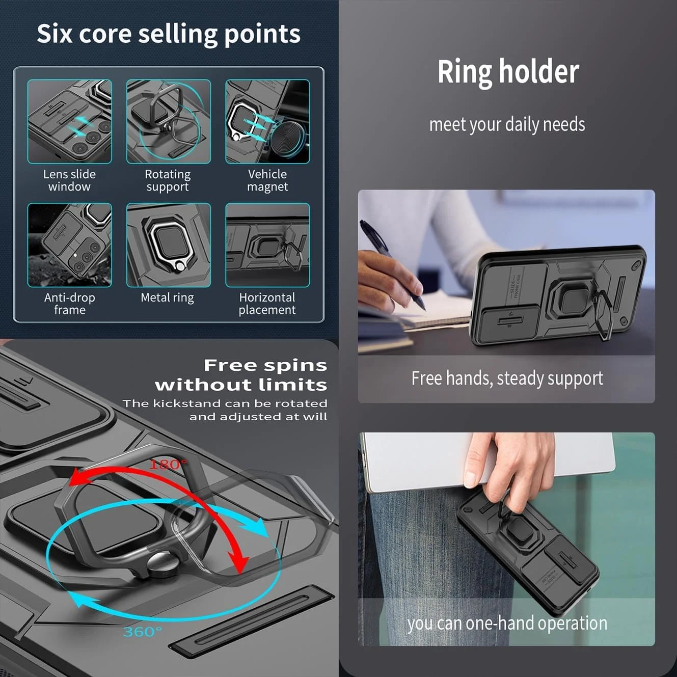 قاب محافظ گوشی شیائومی ردمی نوت 14 5G با پوشش دوربین و استند انگشتی چرخان 360 درجه، پشت سخت PC و ضربه گیر نرم TPU سیلیکونی، قاب محافظ ضد ضربه، آبی