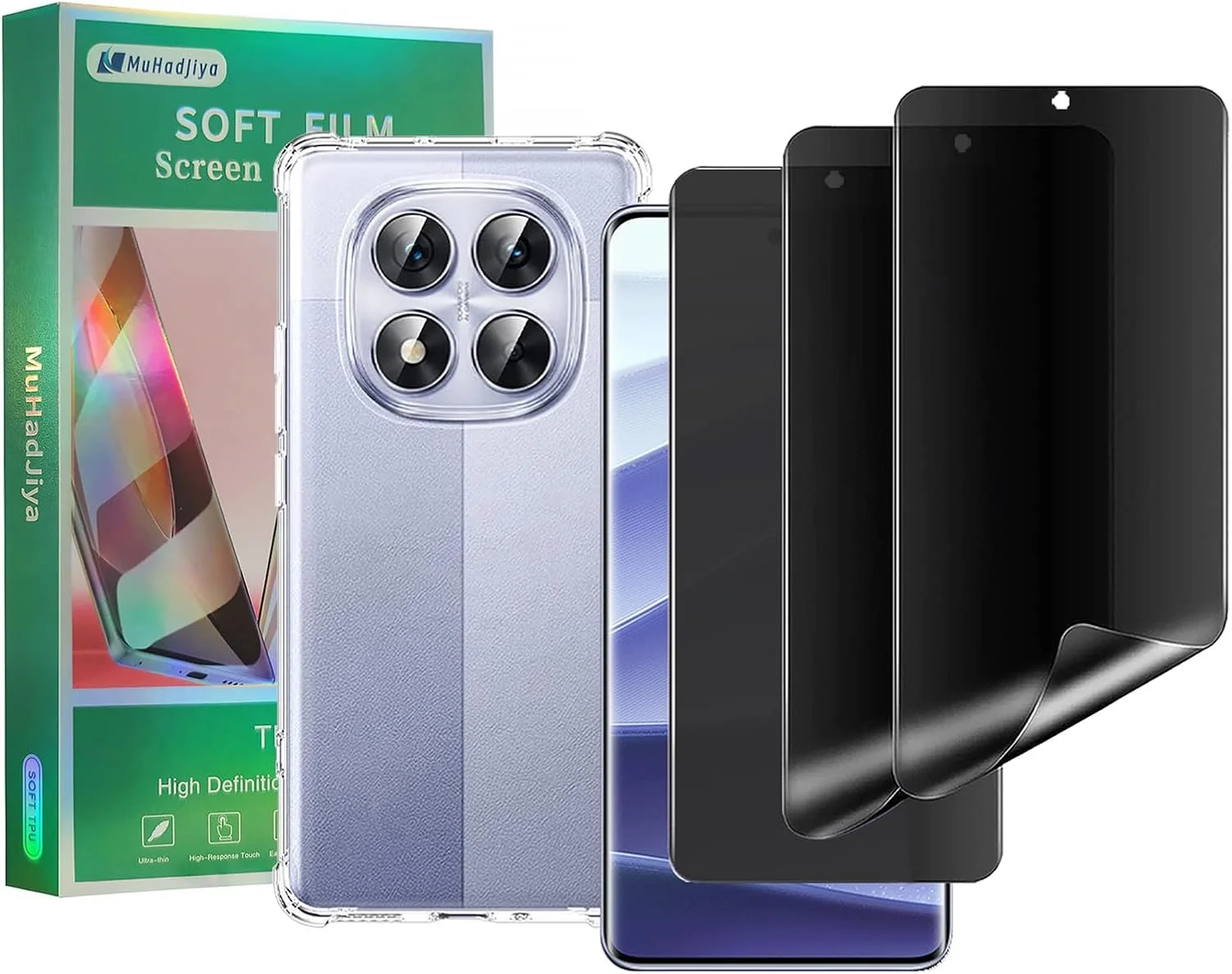 محافظ صفحه نمایش حریم خصوصی نرم برای ردمی نوت 14 پرو [بسته 3+1] به همراه قاب گوشی TPU شفاف، فیلم TPU ضد جاسوسی جایگزین برای شیائومی ردمی نوت 14 پرو 5G