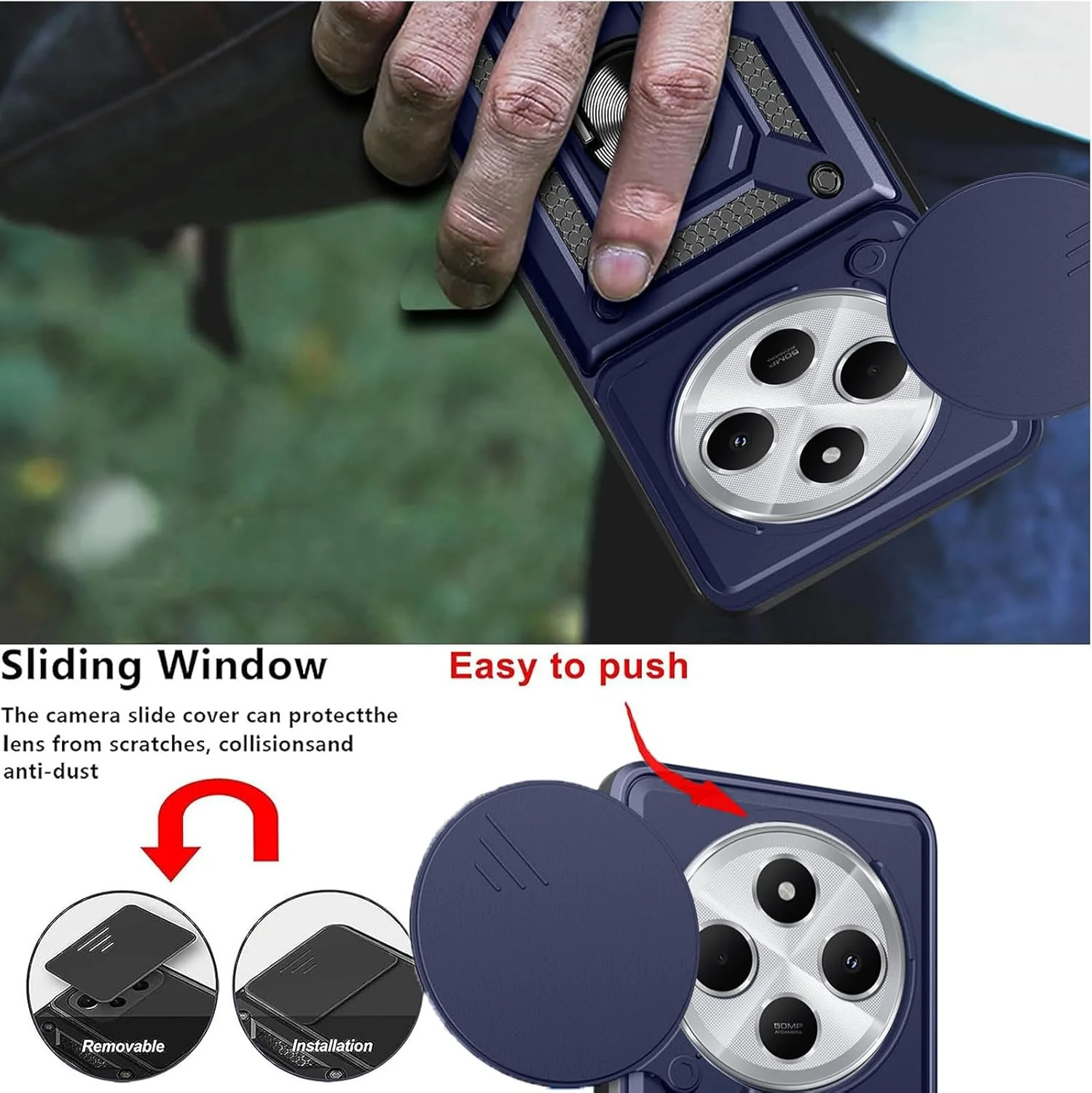 قاب محافظ گوشی شیائومی POCO M7 5G/Redmi 14C 4G/A4 5G/Poco C75 4G/5G، با پایه چرخان 360 درجه، پوشش کشویی دوربین، فریم TPU نرم ترکیبی + کامپیوتر سخت، ضد خش درجه نظامی، ضربه گیر مقاوم، آبی قاب محافظ گوشی شیائومی POCO M7 5G/Redmi 14C 4G/A4 5G/Poco C75 4G/5G، با پایه چرخان 360 درجه، پوشش کشویی دوربین، فریم TPU نرم ترکیبی + کامپیوتر سخت، ضد خش درجه نظامی، ضربه گیر مقاوم، آبی