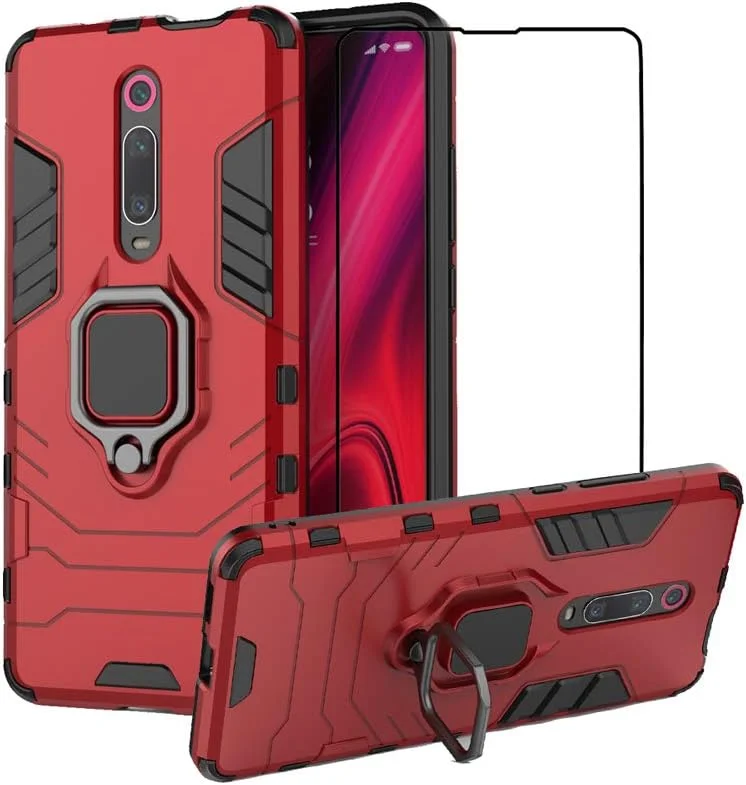 کاور محافظ مدل 2ndSpring مناسب برای گوشی شیائومی Mi 9T / 9T Pro/Redmi K20 / K20 Pro به همراه محافظ صفحه نمایش شیشه ای، کاور محافظ ضد ضربه و مقاوم با استند، قرمز