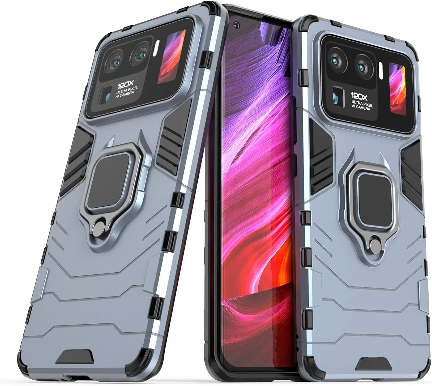 کاور محافظ گوشی شیائومی می 11 اولترا 5G، کاور زرهی مقاوم در برابر ضربه و ضد شوک با پایه تاشو، سرمه ای