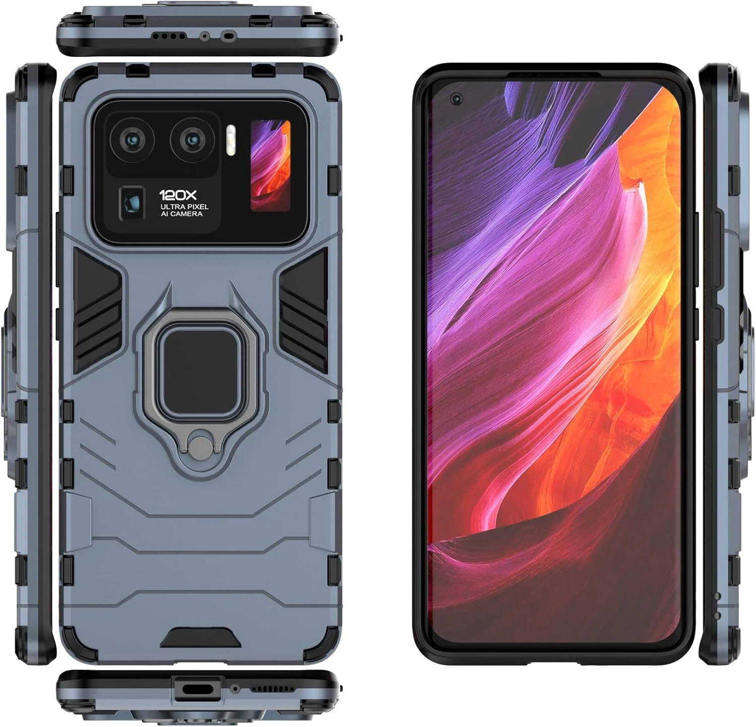 کاور محافظ گوشی شیائومی می 11 اولترا 5G، کاور زرهی مقاوم در برابر ضربه و ضد شوک با پایه تاشو، سرمه ای