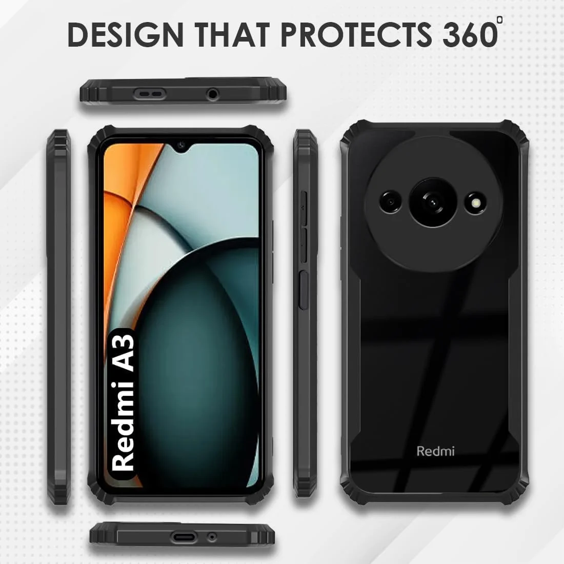 کاور محافظ گوشی ردمی A3 مدل Zubitech | محافظت 360 درجه | کاور پشتی شفاف ضد ضربه | شفاف (مشکی)