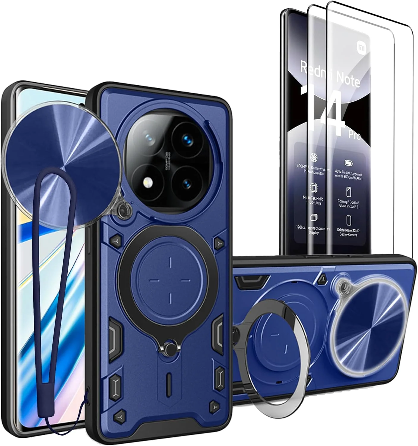 قاب گوشی شیائومی ردمی نوت 14 پرو 5G با بند گردنی، محافظ صفحه نمایش نوت 14 پرو 5G [2 عدد] ضد ضربه نظامی با پایه نگهدارنده و حلقه مغناطیسی (آبی، نوت 14 پرو 5G بدون شیشه)