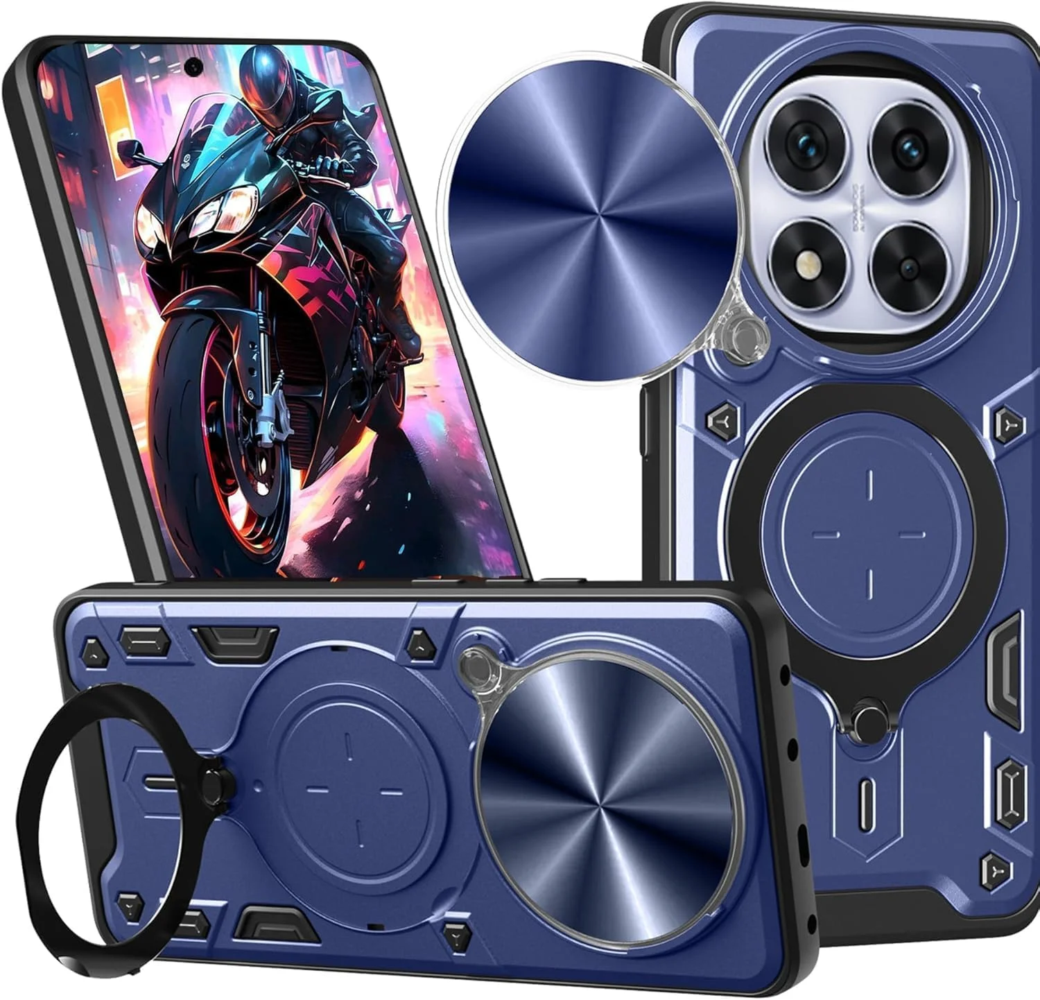 قاب گوشی شیائومی ردمی نوت 14 پرو 5G با بند گردنی، محافظ صفحه نمایش نوت 14 پرو 5G [2 عدد] ضد ضربه نظامی با پایه نگهدارنده و حلقه مغناطیسی (آبی، نوت 14 پرو 5G بدون شیشه)