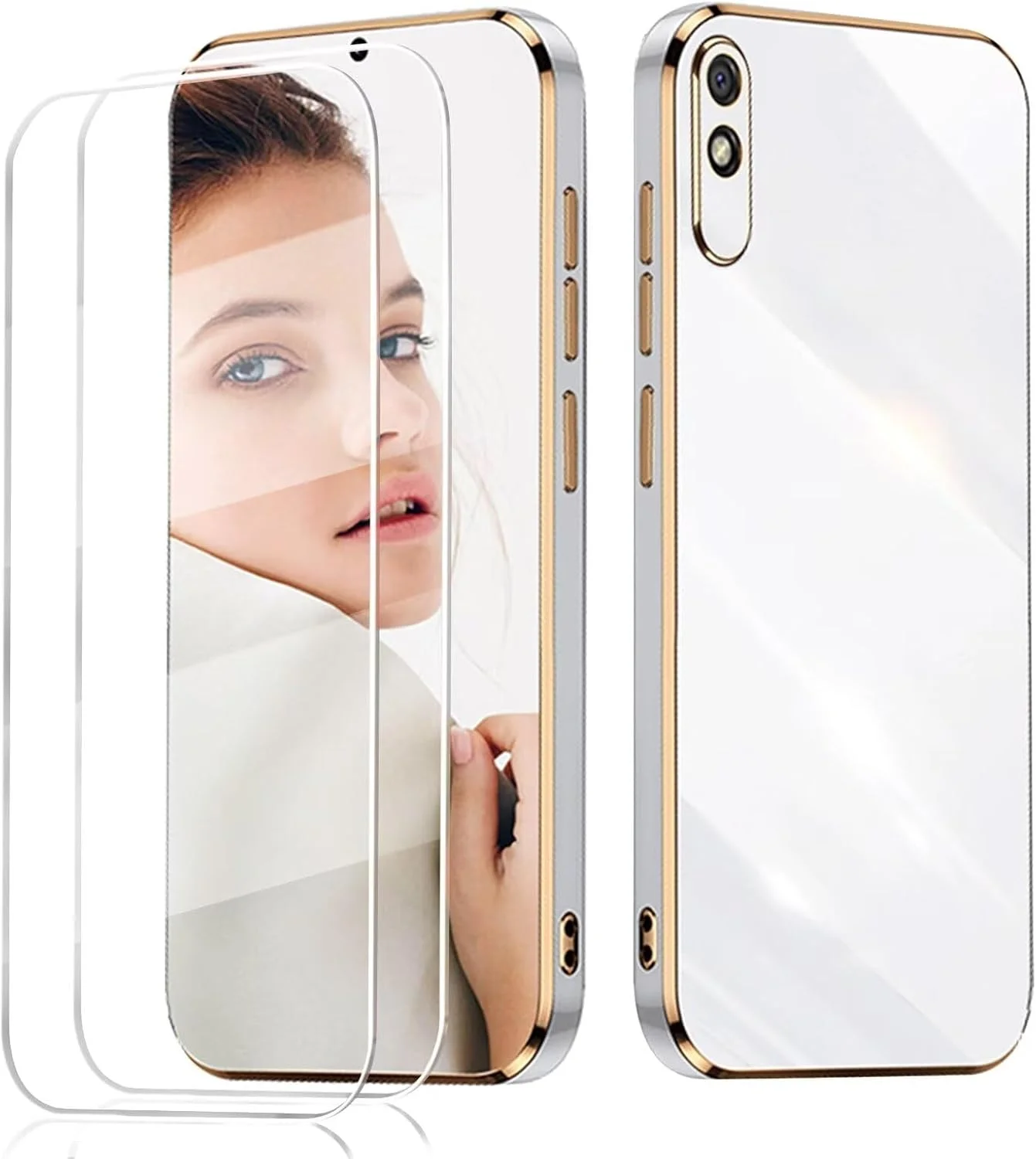 قاب آبکاری شده گوشی شیائومی ردمی 9A به همراه دو عدد محافظ صفحه نمایش، قاب سیلیکونی آینه ای TPU ضد ضربه لوکس - سفید