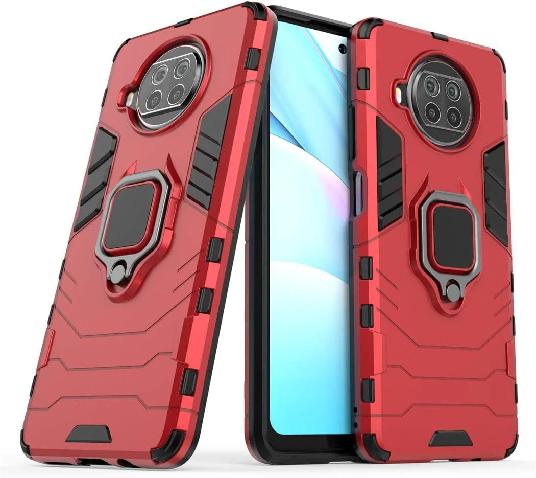 قاب محافظ گوشی شیائومی می 10T لایت 5G، دارای حلقه فلزی و استند، پوشش دو لایه مقاوم (قرمز)