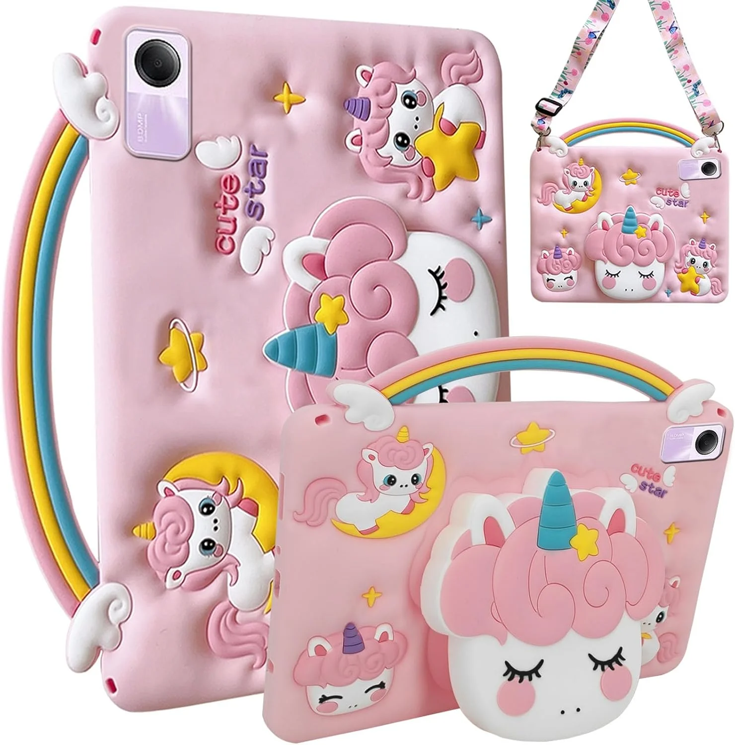 کیف محافظ کودکانه مناسب برای شیائومی ردمی پد 2 11 اینچ 2025 / شیائومی ردمی پد SE 11 اینچ 2023، کاور سیلیکونی کارتونی تک شاخ ضد ضربه با پایه دسته دار و بند شانه