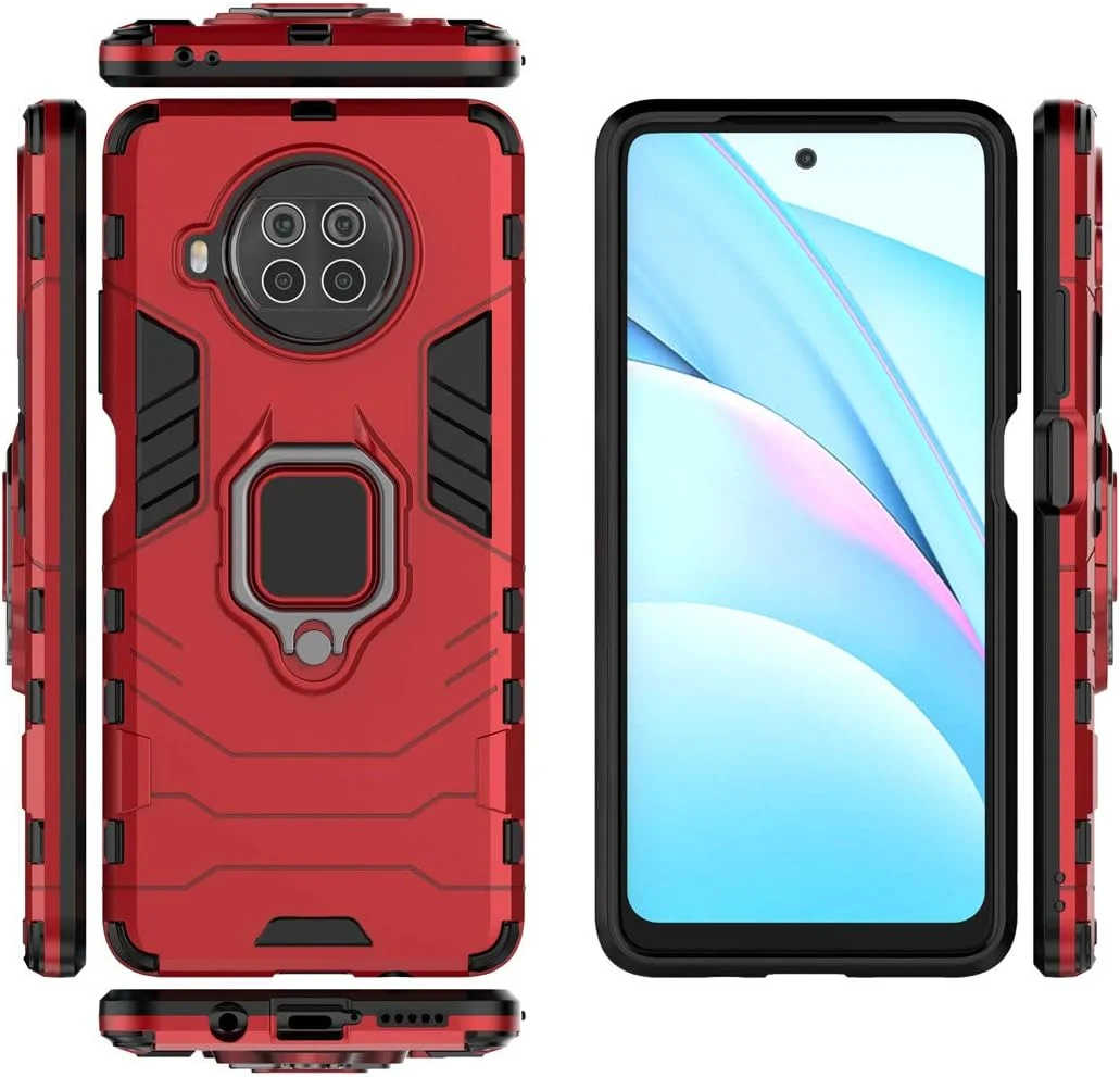 قاب محافظ گوشی شیائومی می 10T لایت 5G، دارای حلقه فلزی و استند، پوشش دو لایه مقاوم (قرمز)
