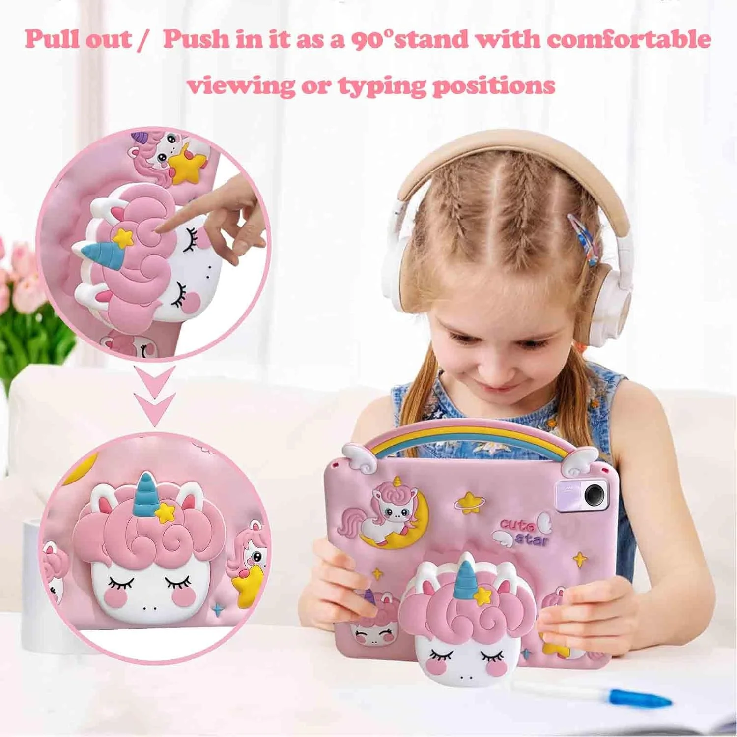 کیف محافظ کودکانه مناسب برای شیائومی ردمی پد 2 11 اینچ 2025 / شیائومی ردمی پد SE 11 اینچ 2023، کاور سیلیکونی کارتونی تک شاخ ضد ضربه با پایه دسته دار و بند شانه