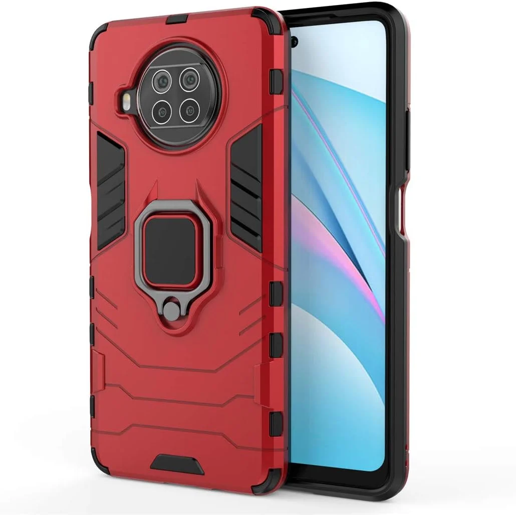 قاب محافظ گوشی شیائومی می 10T لایت 5G، دارای حلقه فلزی و استند، پوشش دو لایه مقاوم (قرمز)