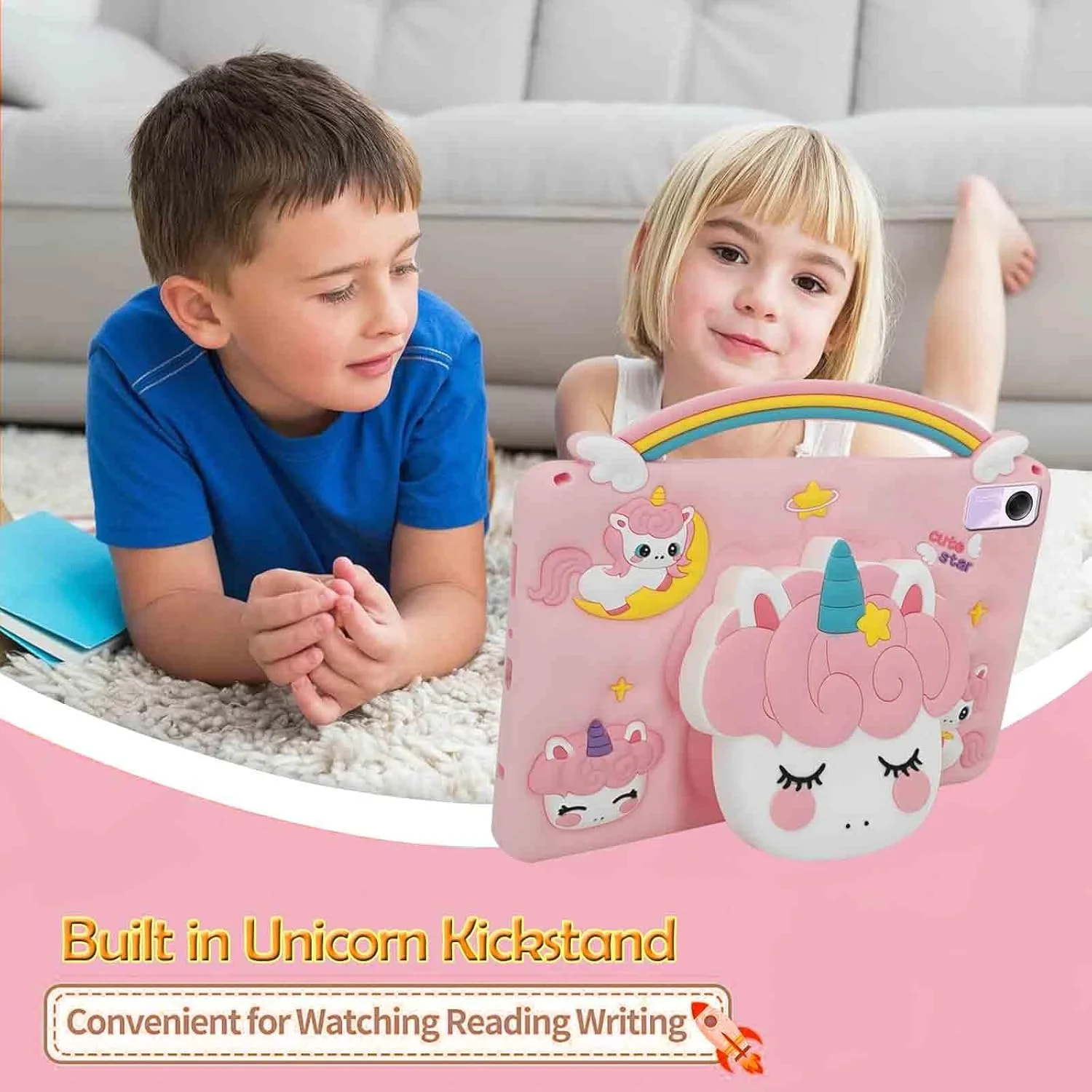 کیف محافظ کودکانه مناسب برای شیائومی ردمی پد 2 11 اینچ 2025 / شیائومی ردمی پد SE 11 اینچ 2023، کاور سیلیکونی کارتونی تک شاخ ضد ضربه با پایه دسته دار و بند شانه