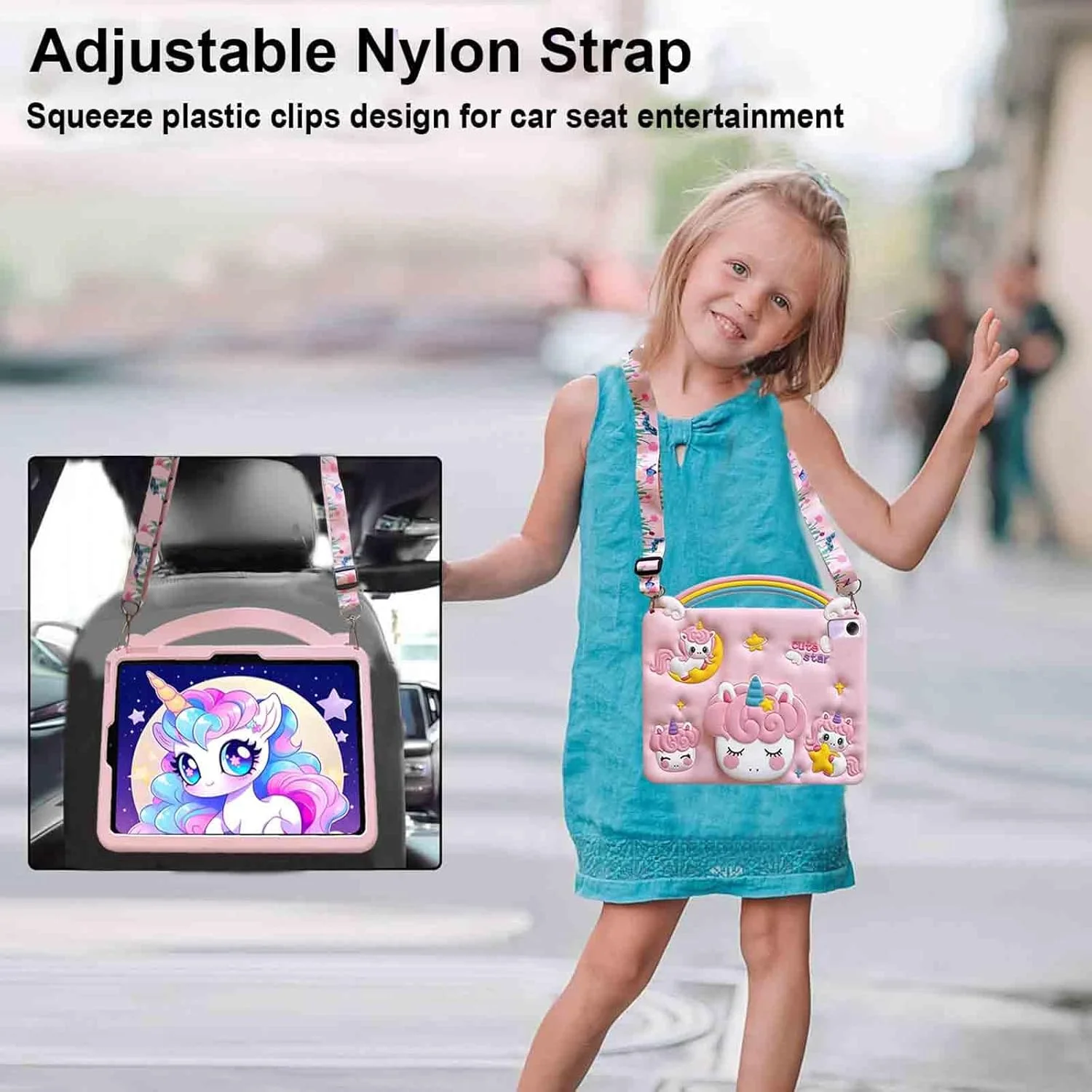 کیف محافظ کودکانه مناسب برای شیائومی ردمی پد 2 11 اینچ 2025 / شیائومی ردمی پد SE 11 اینچ 2023، کاور سیلیکونی کارتونی تک شاخ ضد ضربه با پایه دسته دار و بند شانه