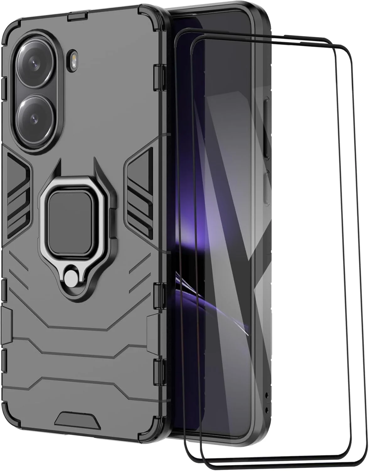 قاب محافظ گوشی شیائومی پوکو X7 پرو 5G/شیائومی پوکو F7 به همراه 2 عدد محافظ صفحه نمایش، استند چرخان 360 درجه، سازگار با هولدر مغناطیسی خودرو، رنگ مشکی