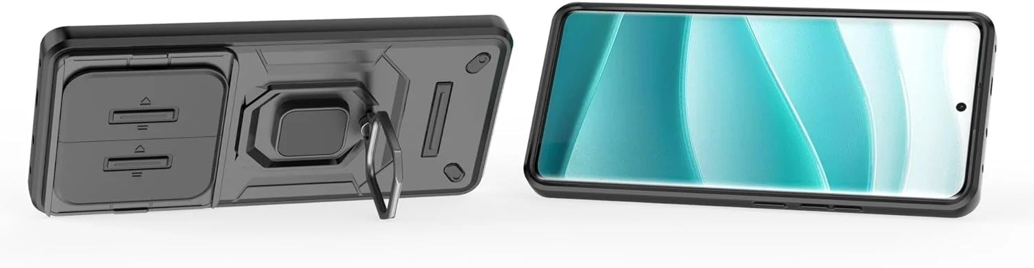 کاور محافظ گوشی شیائومی پوکو ایکس 7 5G / ردمی نوت 14 پرو 5G به همراه محافظ لنز کشویی، استند انگشتی و 2 عدد محافظ صفحه نمایش، ضد ضربه و مقاوم، مشکی