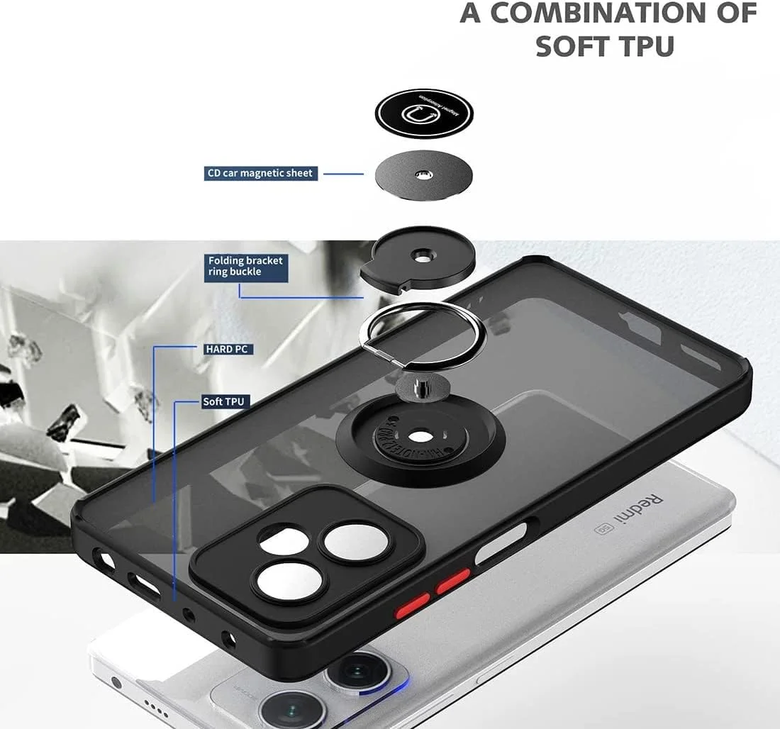 کاور محافظ سیلیکونی انعطاف پذیر شیائومی ردمی نوت 12، محافظت از دوربین، نازک، نیمه شفاف، ضد ضربه، پوشش مات پشتی با پایه نگهدارنده مغناطیسی حلقه ای چرخان 360 درجه مناسب برای ردمی نوت 12 5G (مشکی)