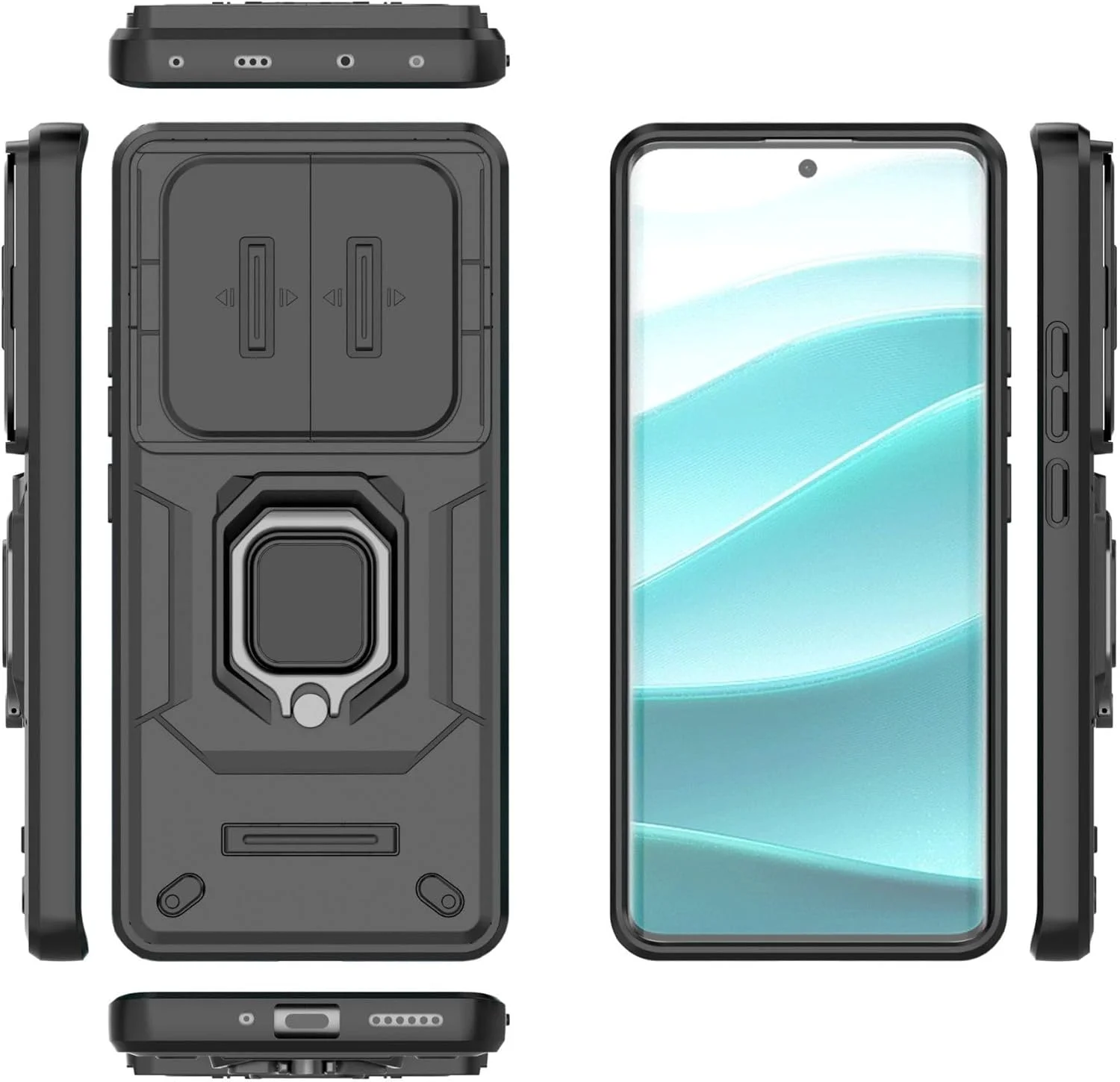 کاور محافظ گوشی شیائومی پوکو ایکس 7 5G / ردمی نوت 14 پرو 5G به همراه محافظ لنز کشویی، استند انگشتی و 2 عدد محافظ صفحه نمایش، ضد ضربه و مقاوم، مشکی