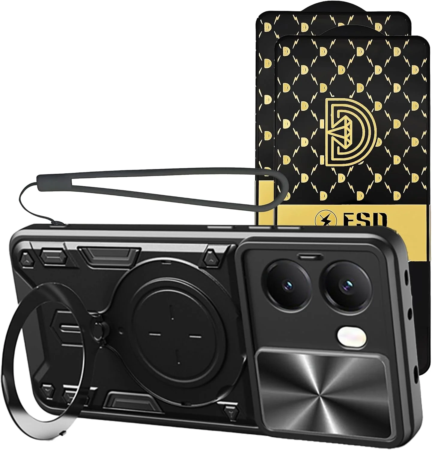 قاب گوشی شیائومی پوکو X7 پرو 5G با بند سیلیکونی، محافظ صفحه نمایش پوکو X7 پرو [2 عدد]، محافظت در برابر سقوط نظامی، پایه فلزی، پوشش X7Pro با حلقه مغناطیسی (مشکی، X7Pro+شیشه(2 عدد))