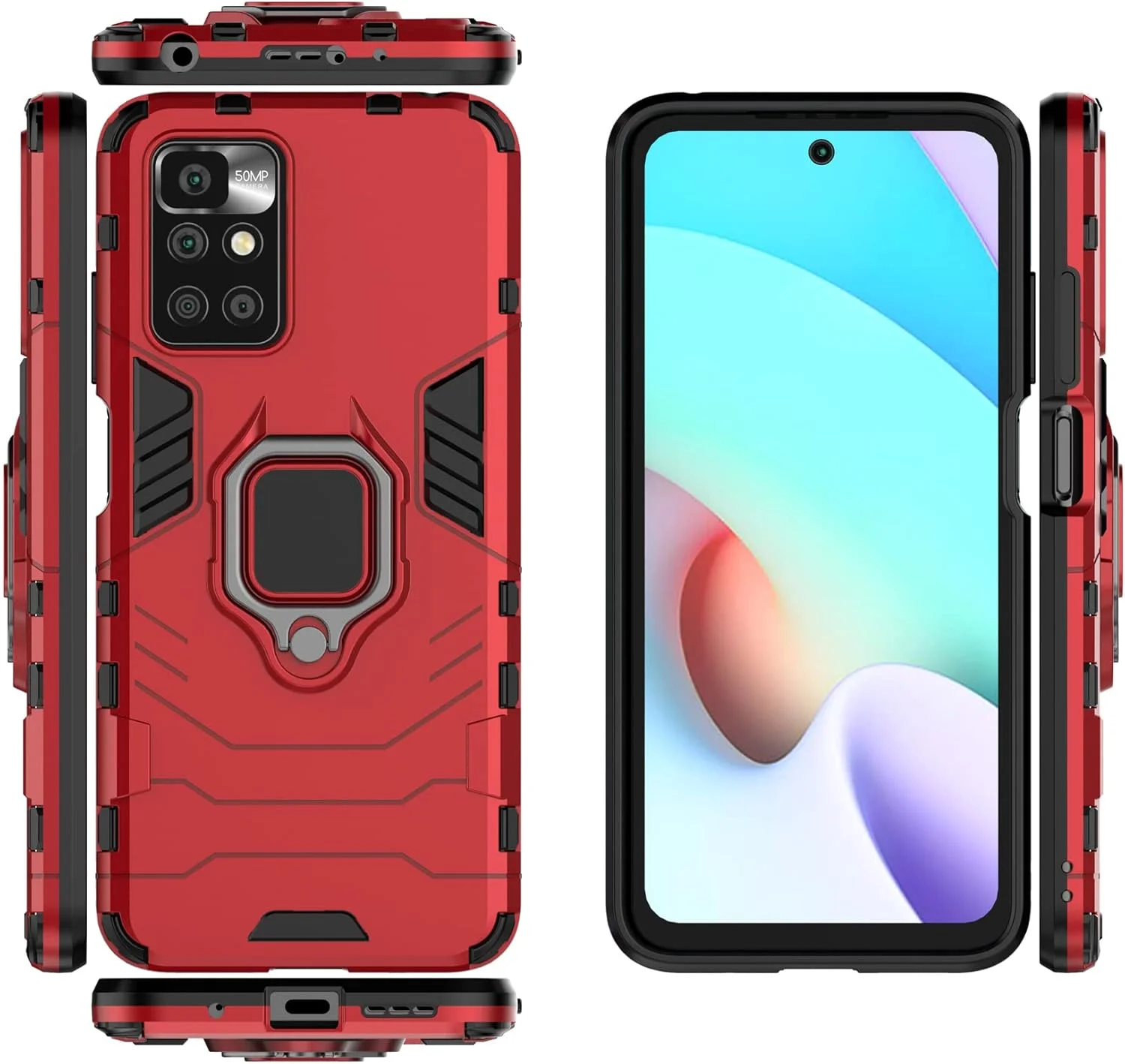 کاور محافظ دو لایه مقاوم 2ndSpring برای گوشی شیائومی ردمی نوت 11 4G / ردمی 10 / 10 پرایم، ضد ضربه و دارای استند، قرمز