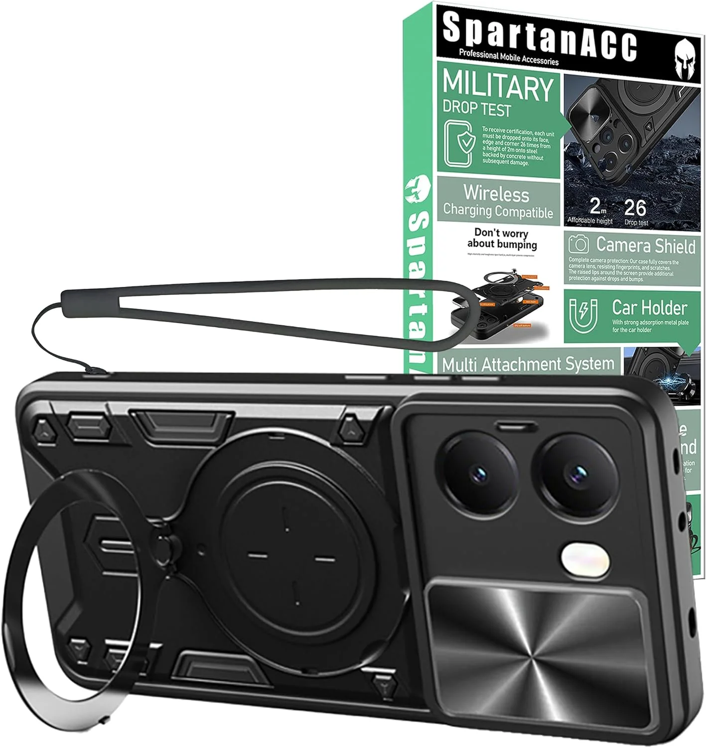 قاب گوشی شیائومی پوکو X7 پرو 5G با بند سیلیکونی، محافظ صفحه نمایش پوکو X7 پرو [2 عدد]، محافظت در برابر سقوط نظامی، پایه فلزی، پوشش X7Pro با حلقه مغناطیسی (مشکی، X7Pro+شیشه(2 عدد))