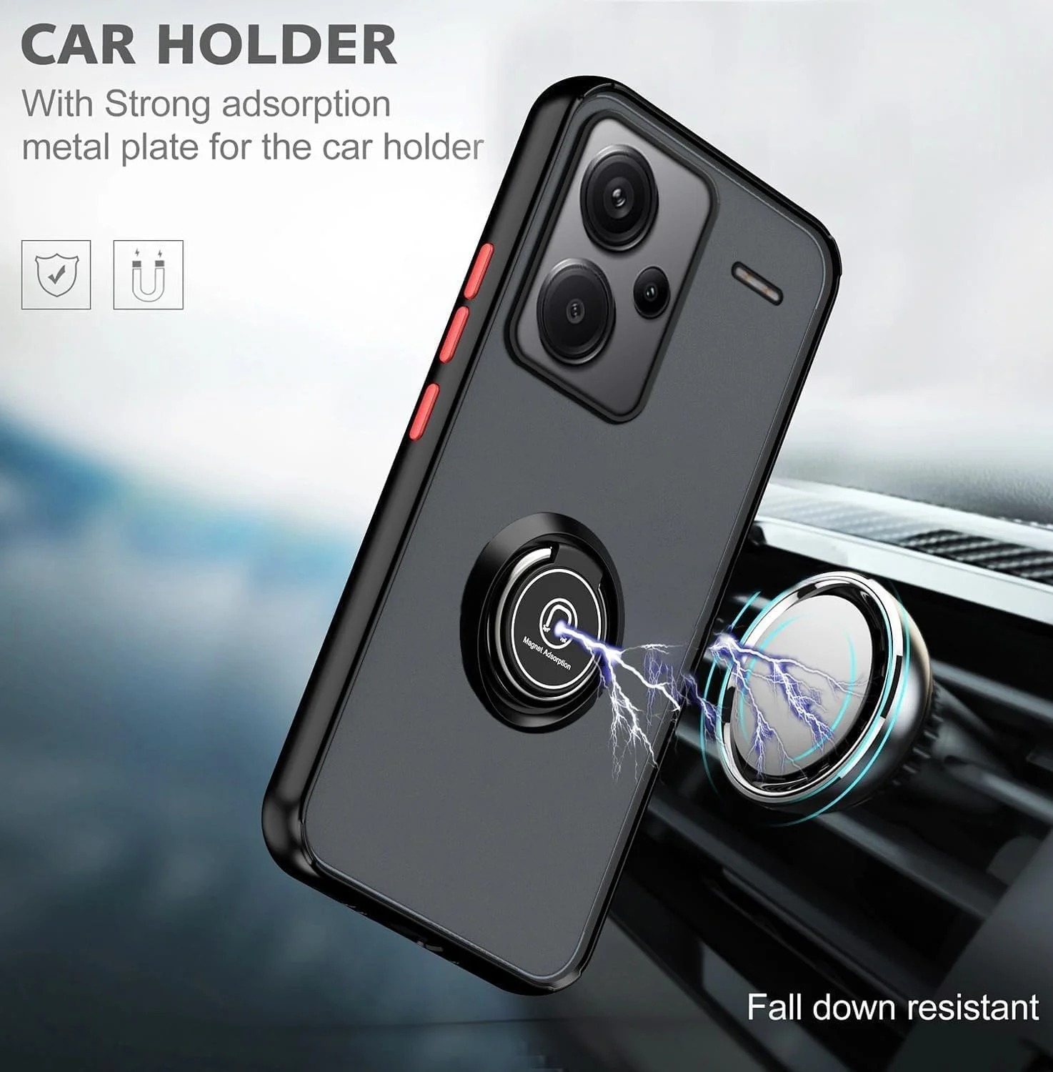 کاور محافظ گوشی شیائومی ردمی نوت 13 پرو پلاس 5G، دارای حلقه فلزی چرخان، استند، قابلیت اتصال به هولدر مغناطیسی خودرو، ضد ضربه، بامپر TPU (مشکی)