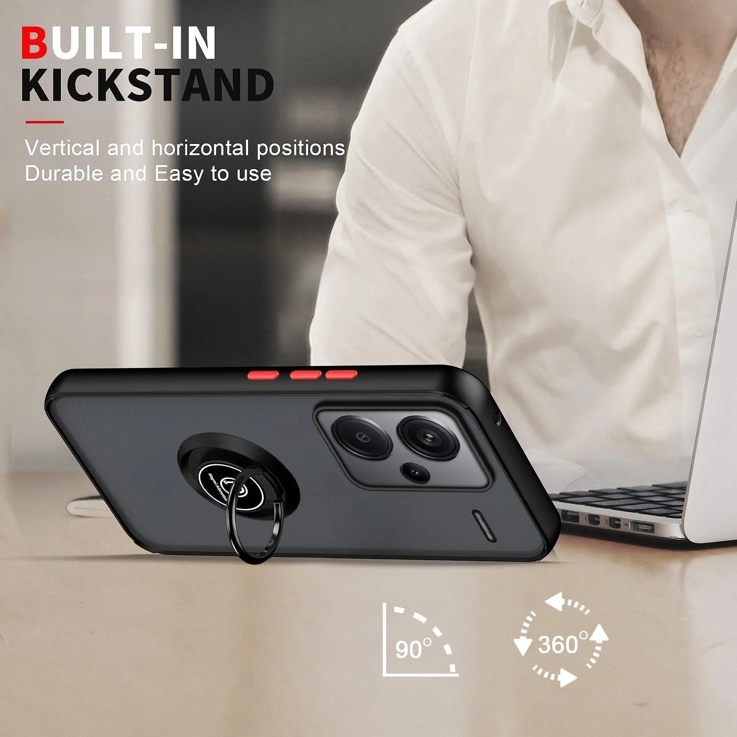 کاور محافظ گوشی شیائومی ردمی نوت 13 پرو پلاس 5G، دارای حلقه فلزی چرخان، استند، قابلیت اتصال به هولدر مغناطیسی خودرو، ضد ضربه، بامپر TPU (مشکی)