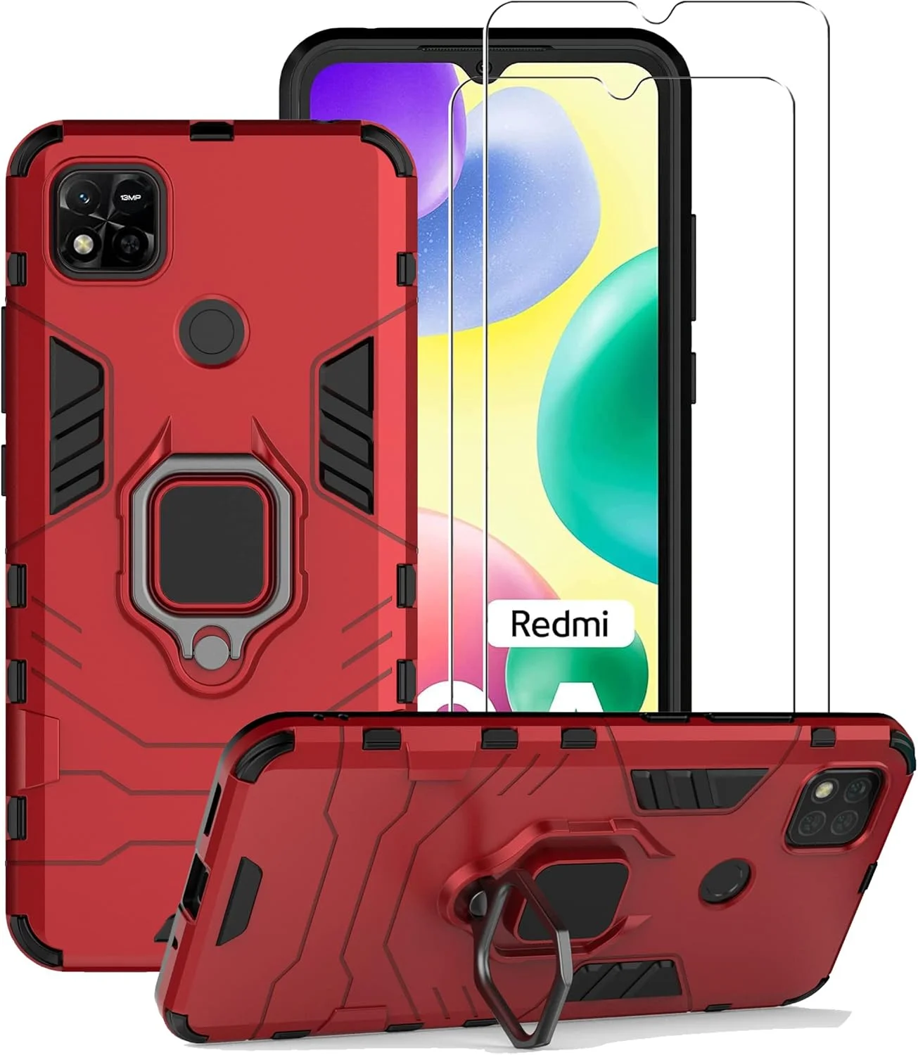 کاور گوشی ZMONE برای شیائومی ردمی 10A به همراه محافظ صفحه نمایش شیشه ای [2 عدد]، کاور محافظ دو لایه مقاوم در برابر ضربه با پایه حلقه ای مغناطیسی - قرمز